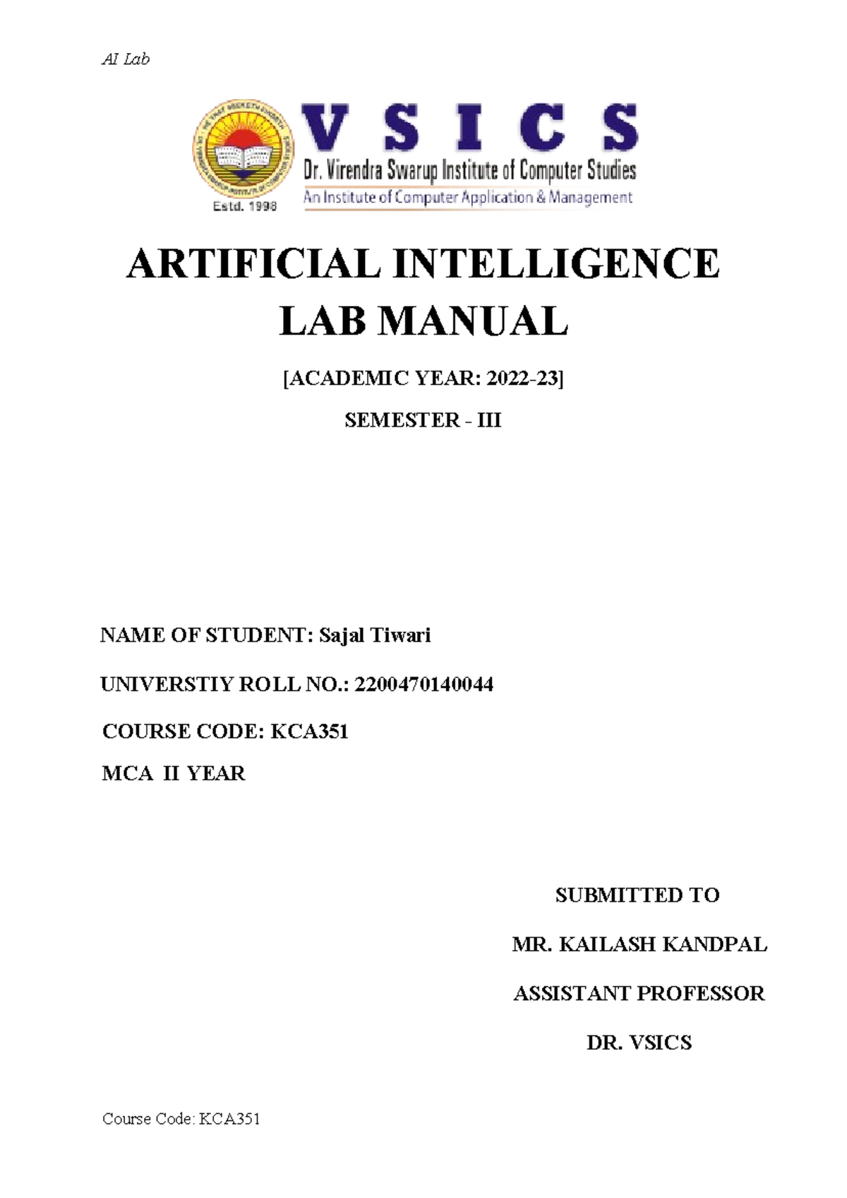 AI Lab Manual KCA351 Manual ARTIFICIAL INTELLIGENCE LAB MANUAL