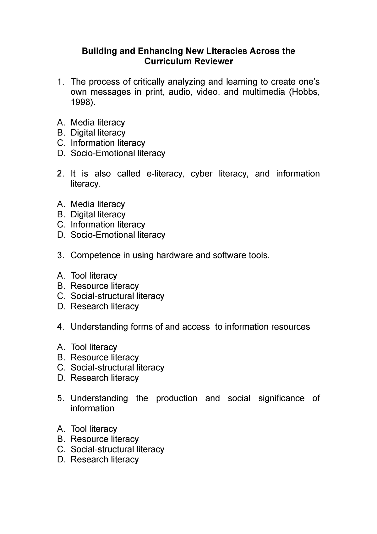 Building And Enhancing New Literacies Across The Curriculum Reviewer ...