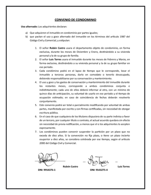 Convenio DE Condominio - CONVENIO DE CONDOMINIO Uso alternado: Los  adquirientes declaran: a) Que - Studocu