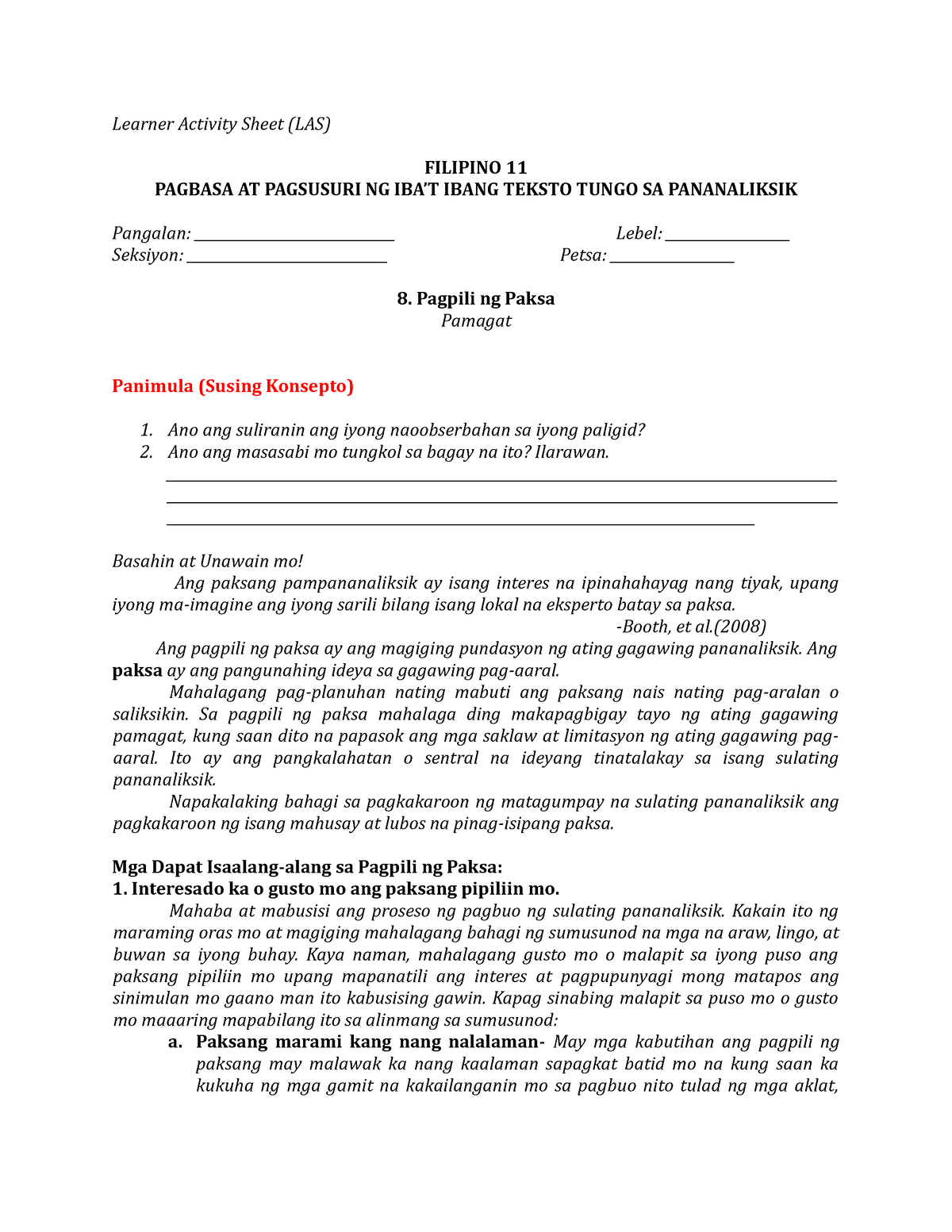 Modyul 8 Pagpili Ng Paksa Pp Learner Activity Sheet Las Filipino 11 Pagbasa At Pagsusuri Ng