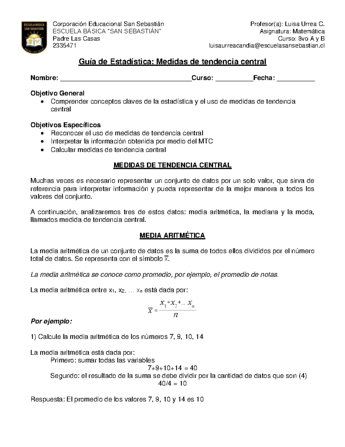 8°B Matematica Guia Medidas Tendencia Central 9 Al 20 Nov - Corporación ...