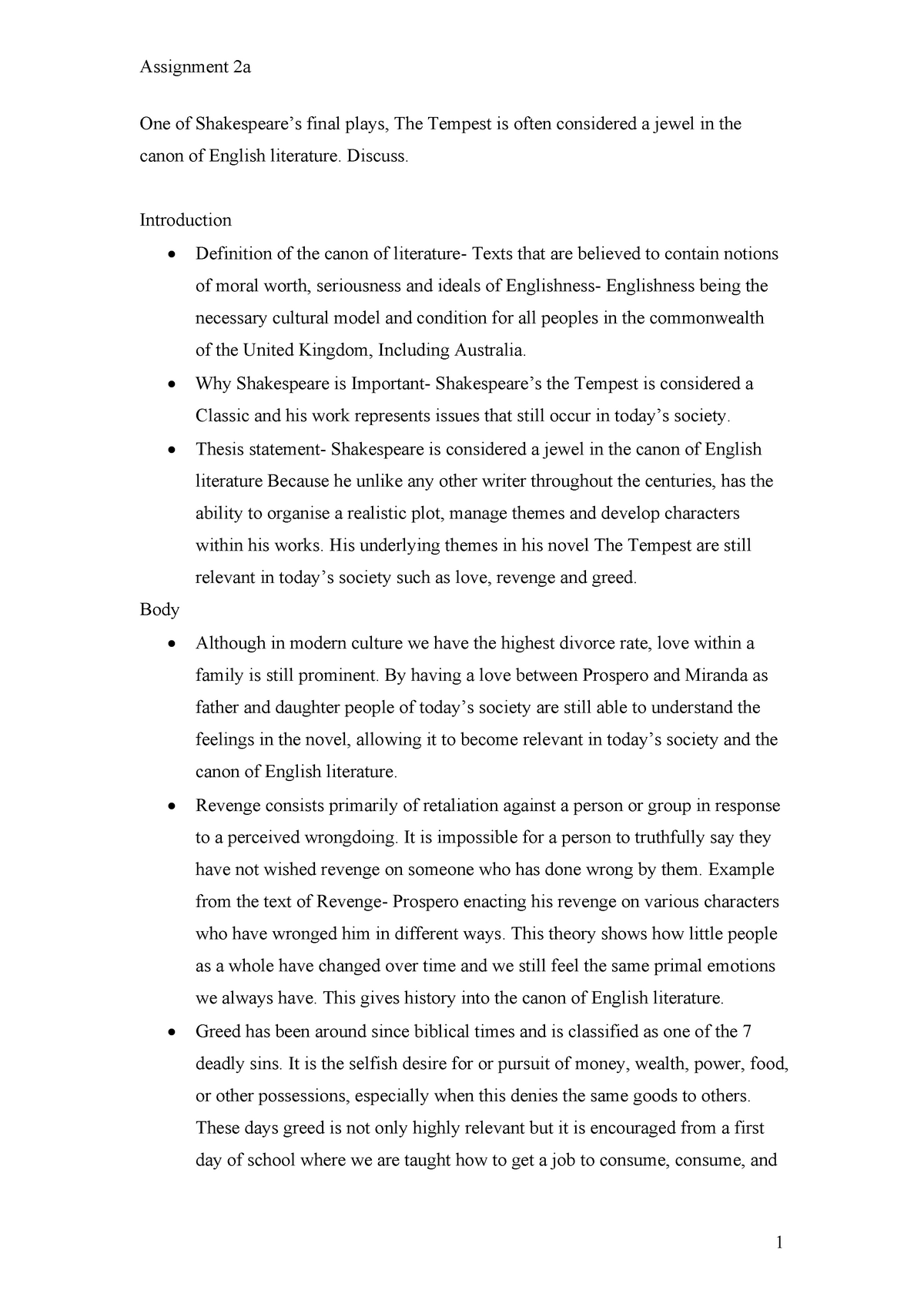 Written Communication Essay Plan - Assignment 2a 1 One of Shakespeare’s ...