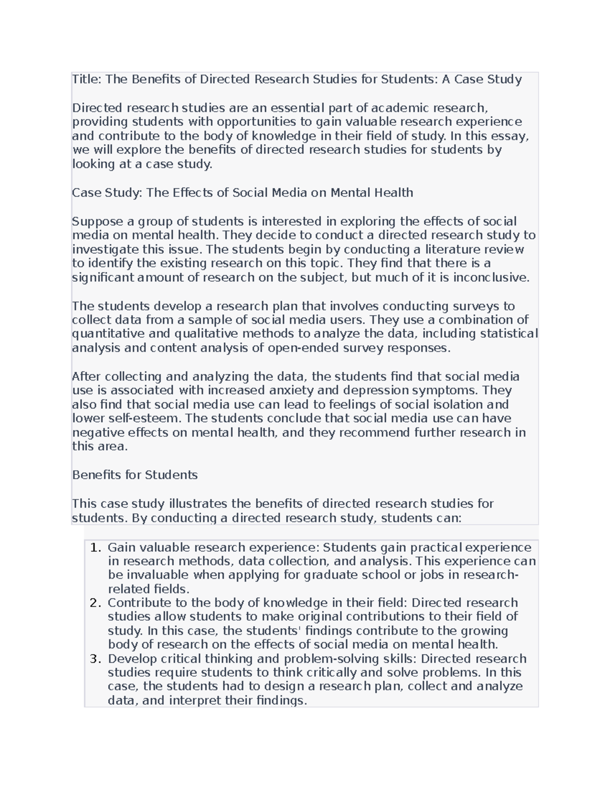 The Benefits of Directed Research Studies for Students - A Case Study ...