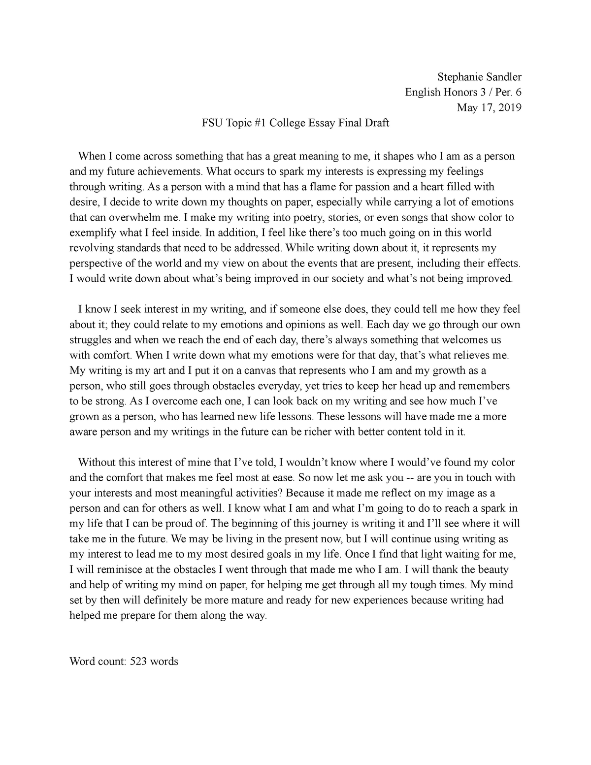 fsu honors college essay examples