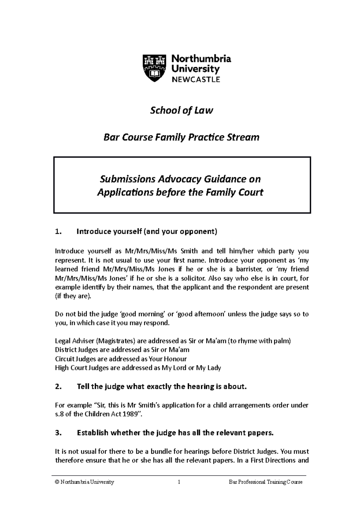 Family Professional Practice Submissions Advocacy Guidance School of Law Bar Course Family