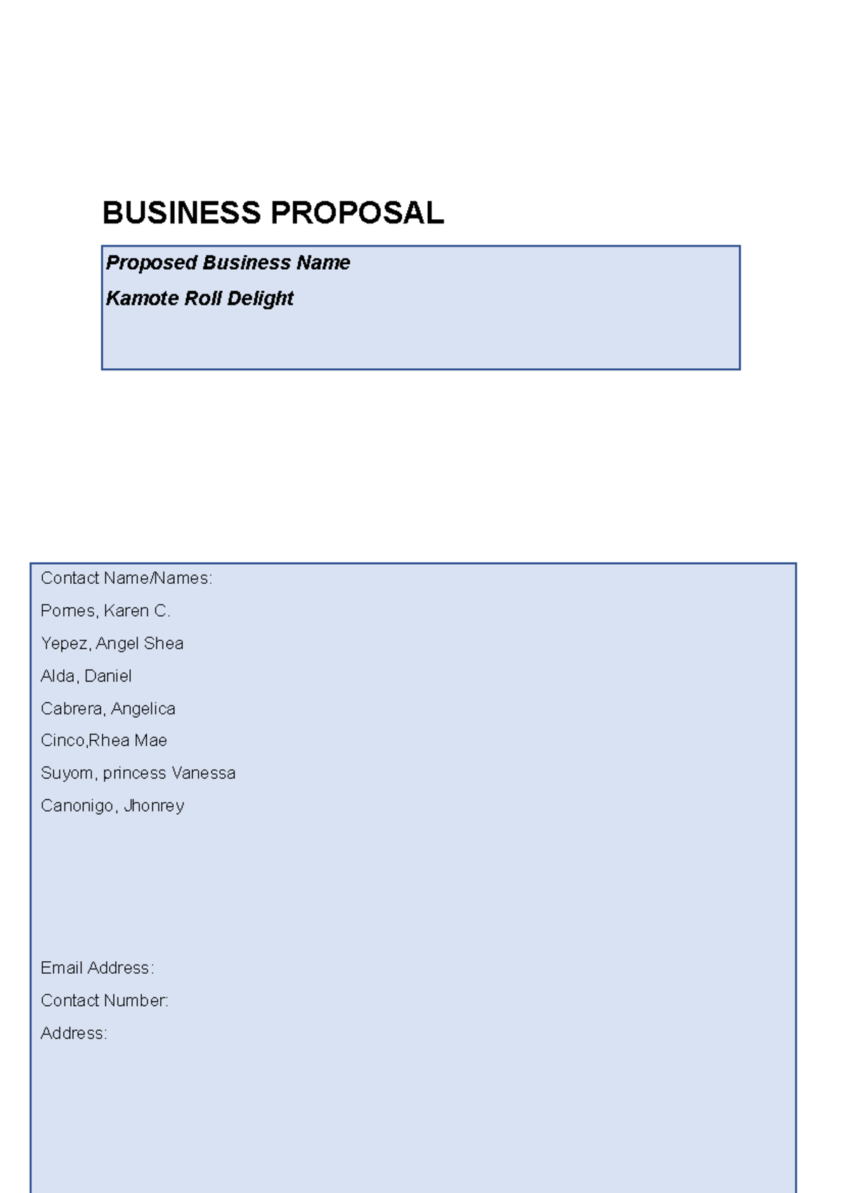 Simple Business PLAN Template - BUSINESS PROPOSAL Contact Proposed ...