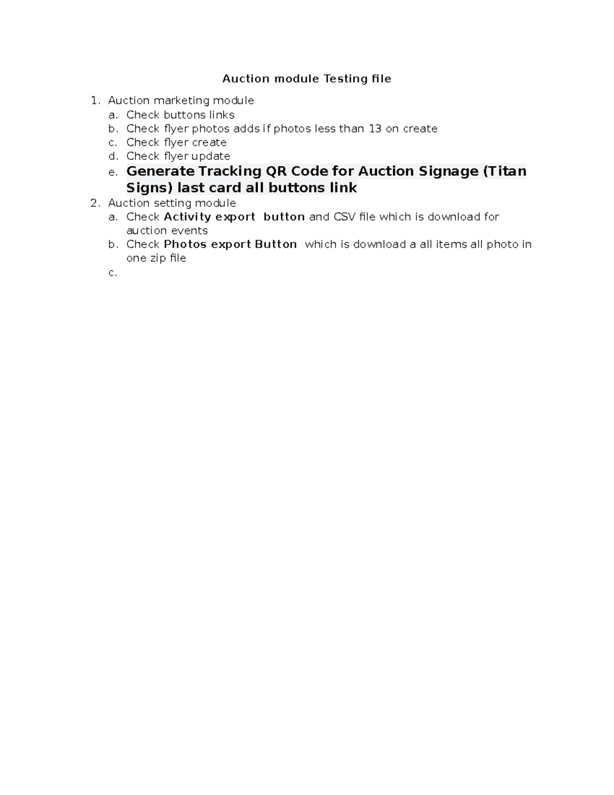 Auction module Testing file - Auction marketing module a. Check buttons ...