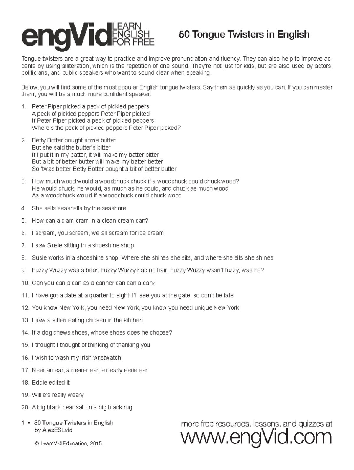 50 Tongue Twisters in English - more free resources, lessons, and ...