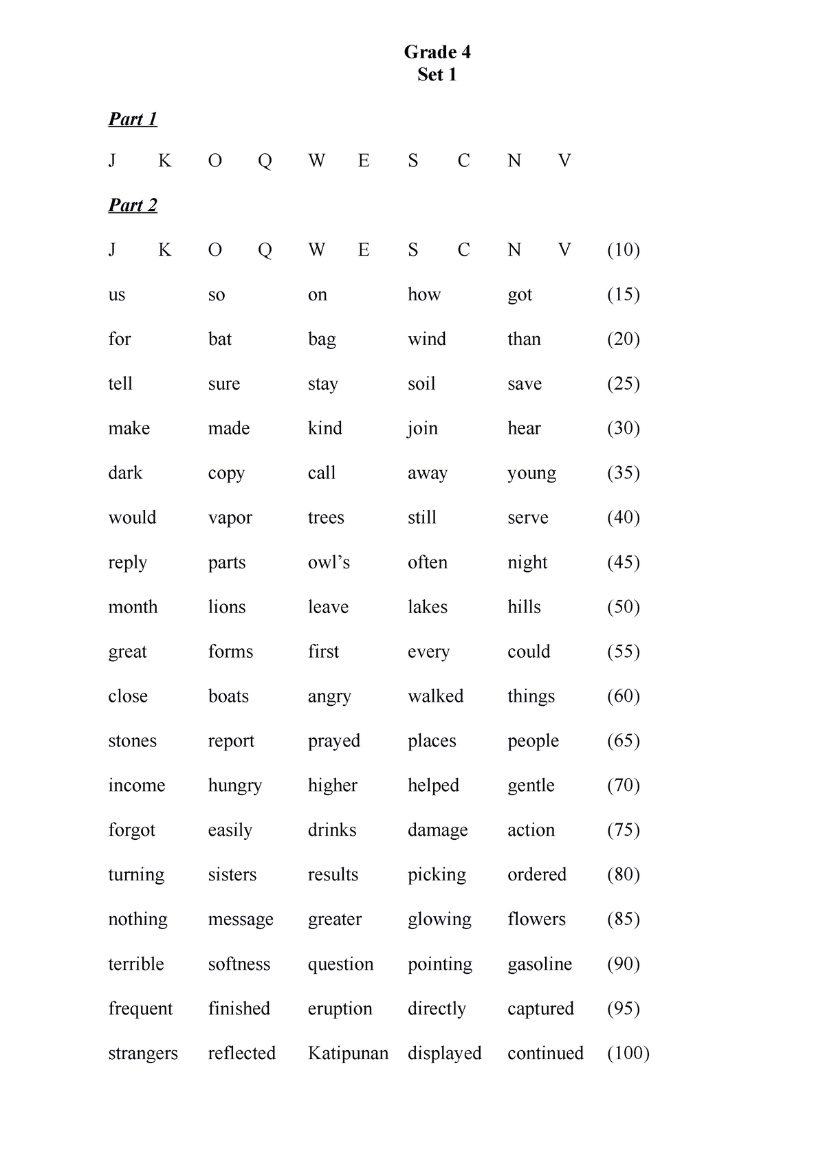 2a - reading guide - Grade 4 Set 1 Part 1 J K O Q W E S C N V Part 2 J ...