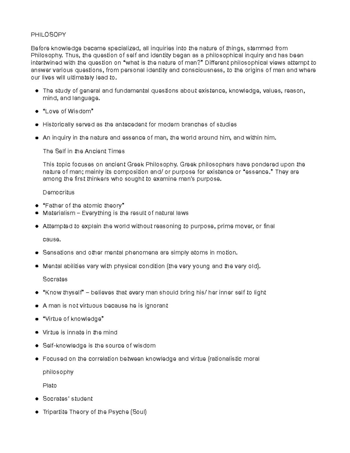 Philosophy - Lecture notes 1 - Understanding the Self - Studocu