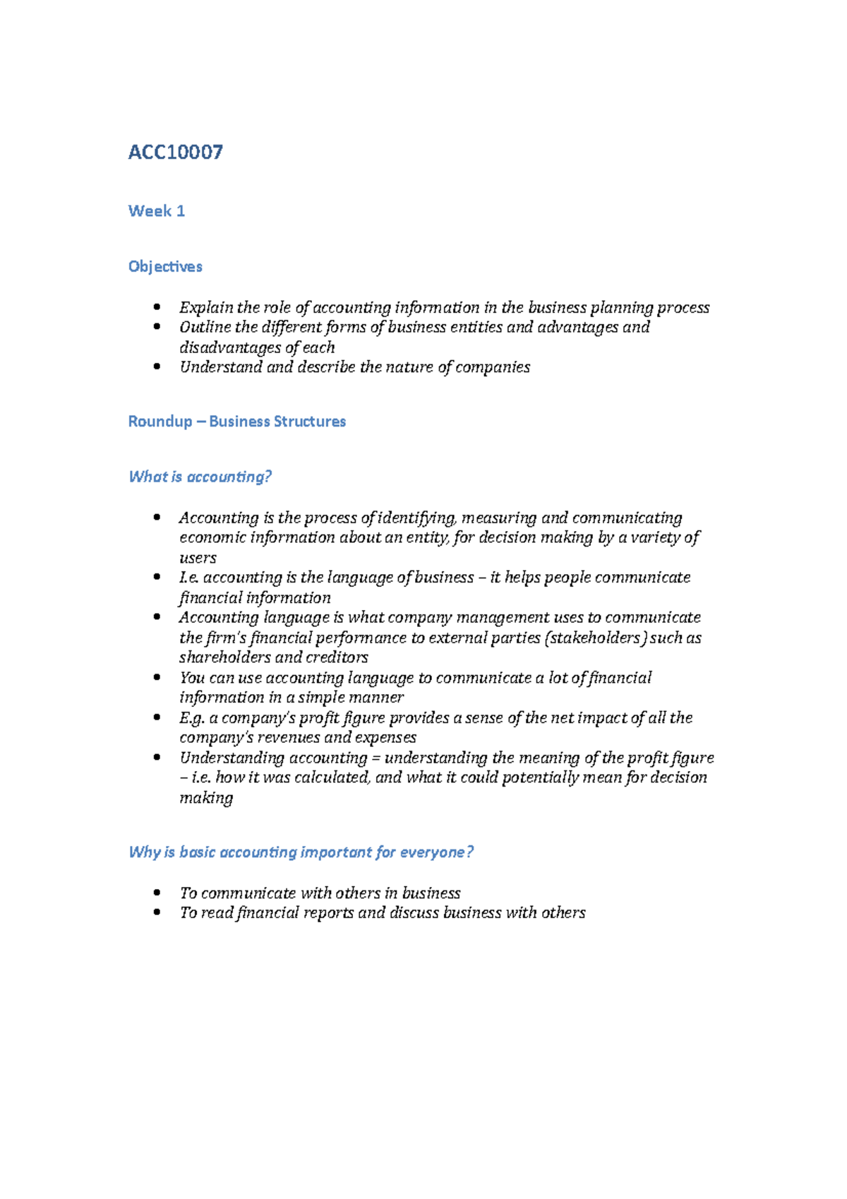ACC10007 - Lecture notes 1-11 - ACC Week 1 Objectives Explain the role ...