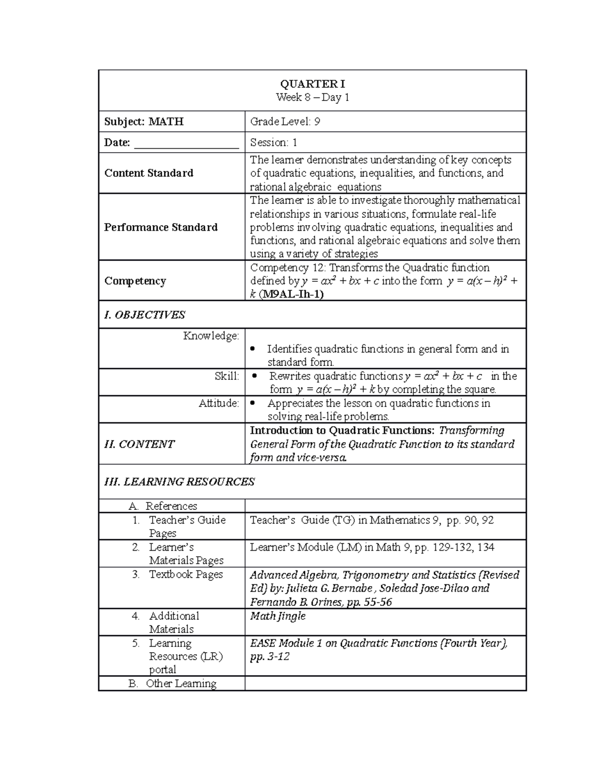 Q1WK8D1 - Transform general form of quadratic function into its vertex ...