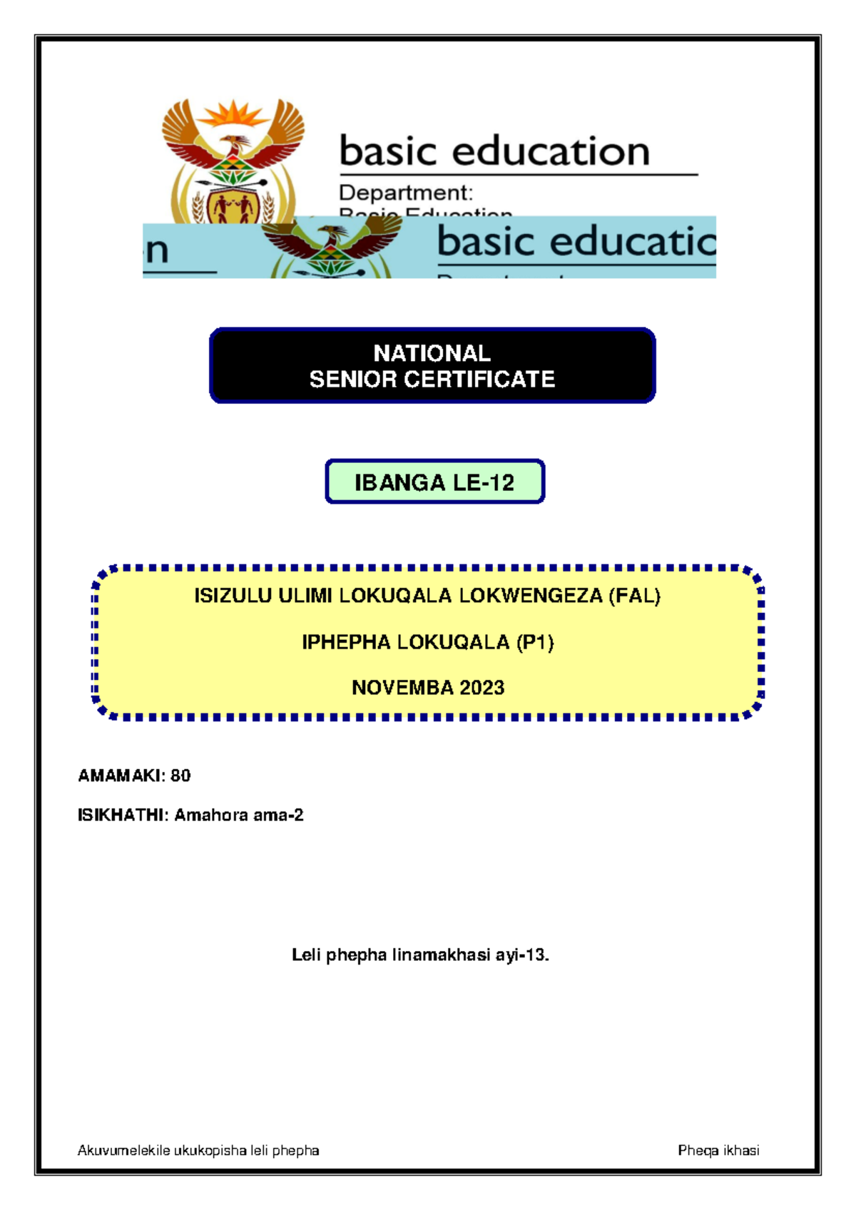 Isi Zulu Fal P1 Nov 2023 Assessment Paper Amamaki 80 Isikhathi