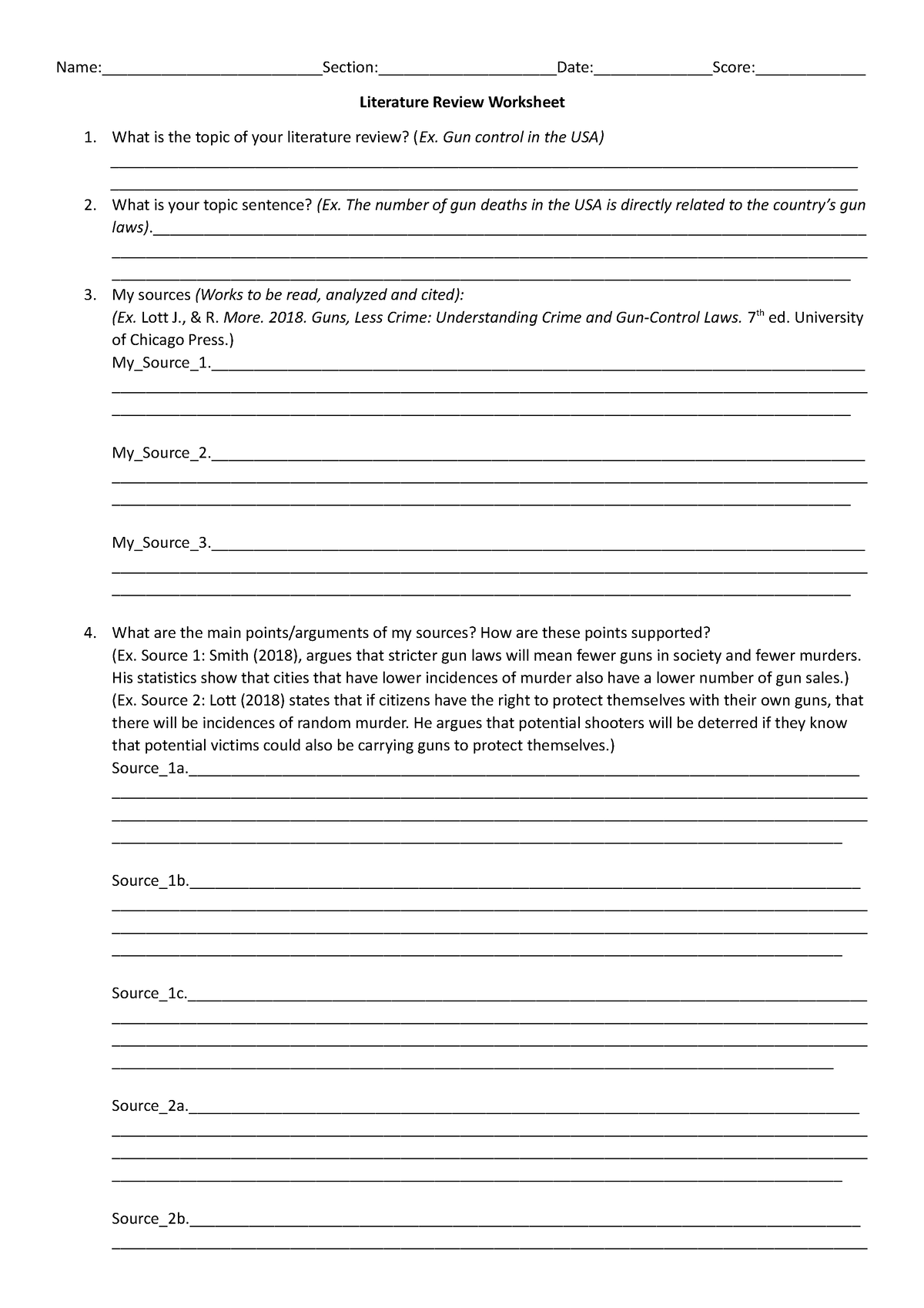 literature review worksheet with answers