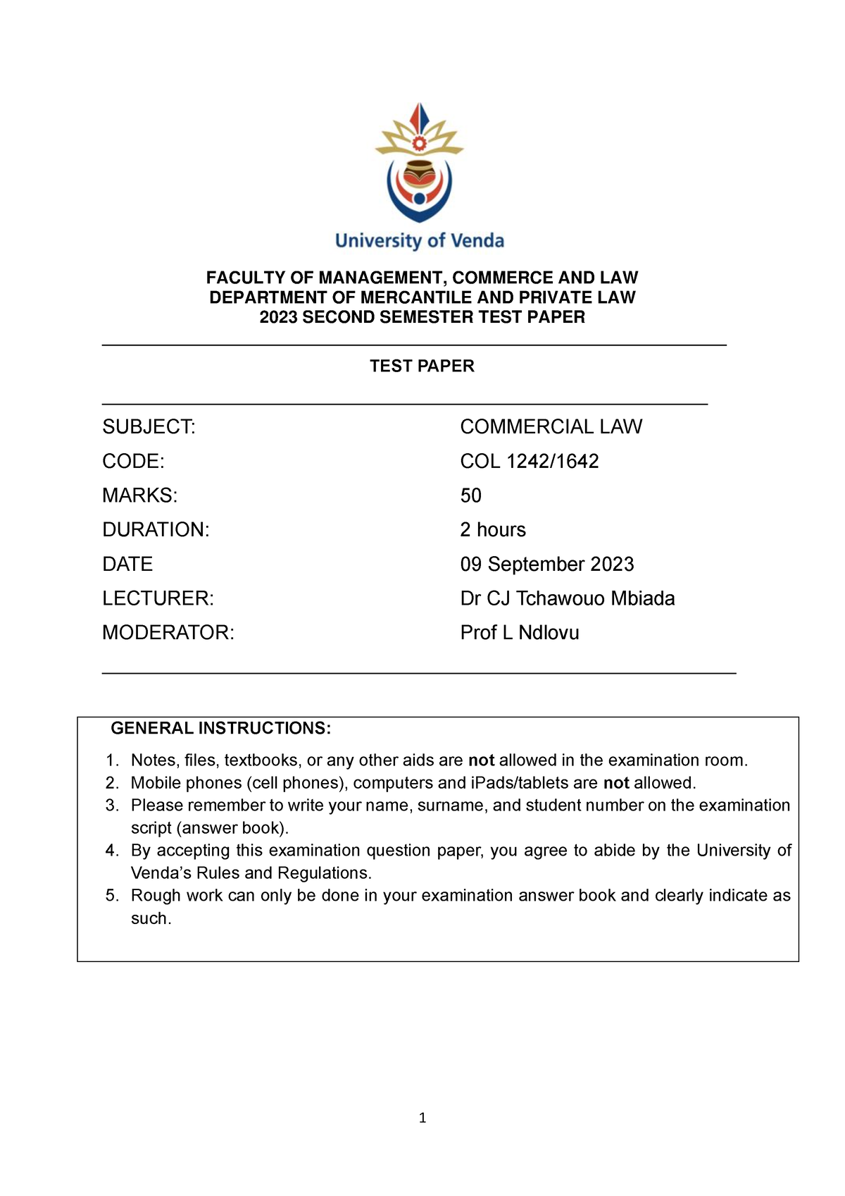 COL 1242 Test Memo 2023 - TEST 1 - FACULTY OF MANAGEMENT, COMMERCE AND ...