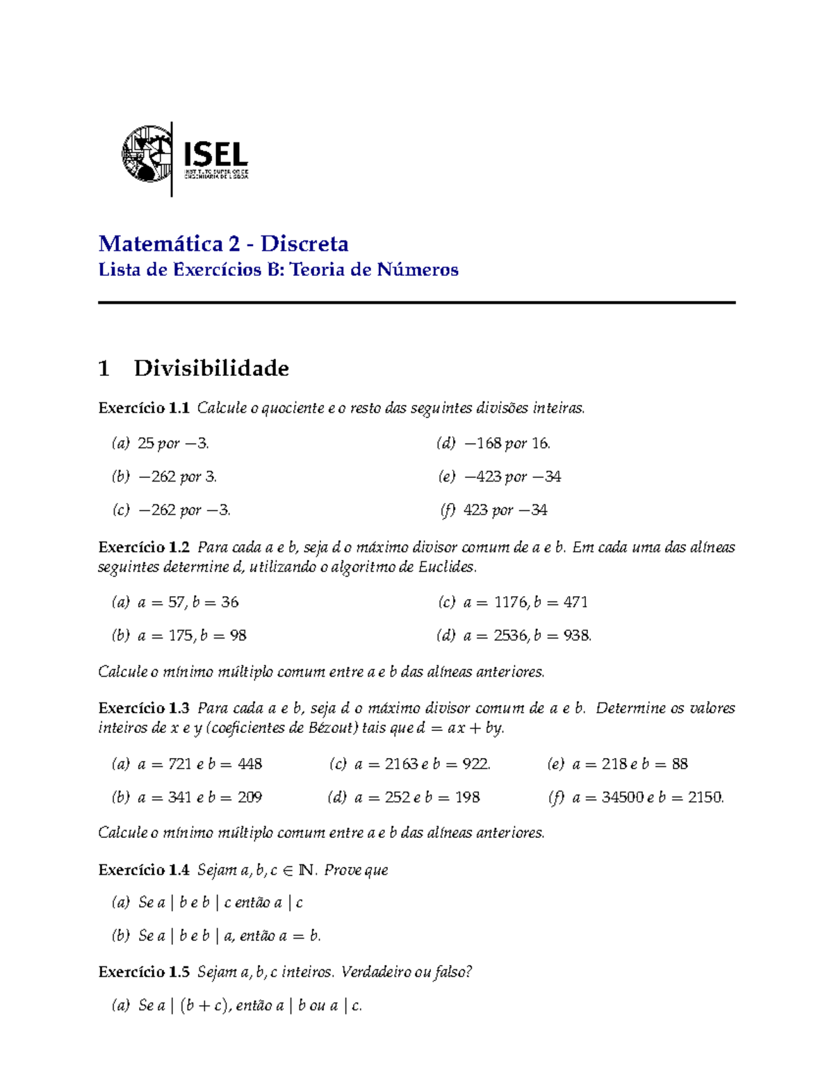 M2 Exerc B - Exa - Matemática 2 - Discreta Lista De Exercícios B ...