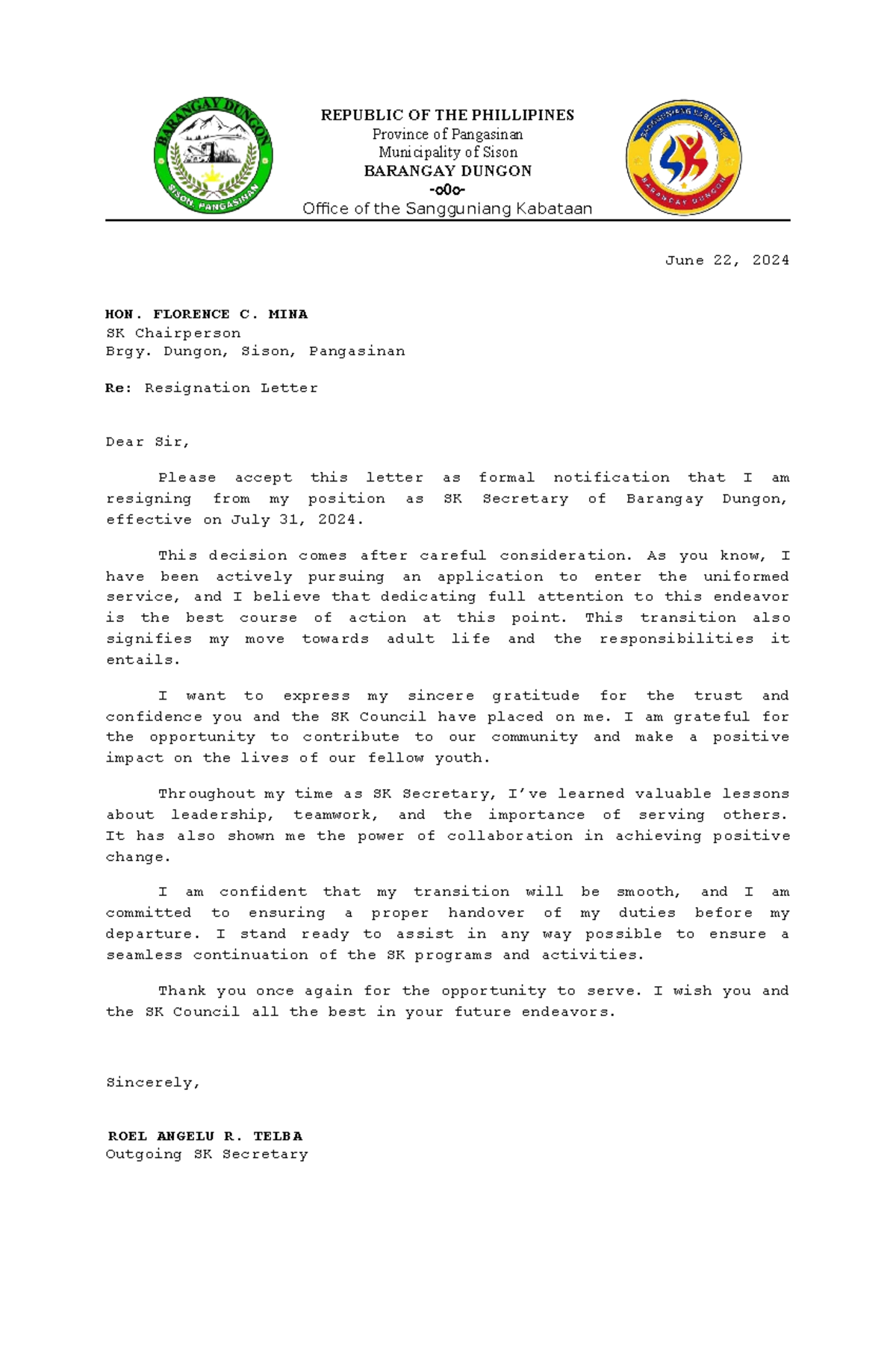 Resignation Letter 055148 - REPUBLIC OF THE PHILLIPINES Province of ...