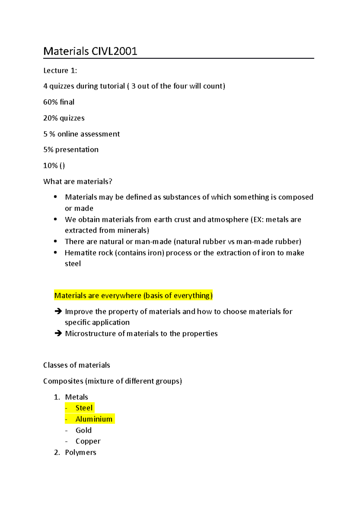 Materials CIVL2001 - Notes for course - Materials CIVL Lecture 1: 4 ...