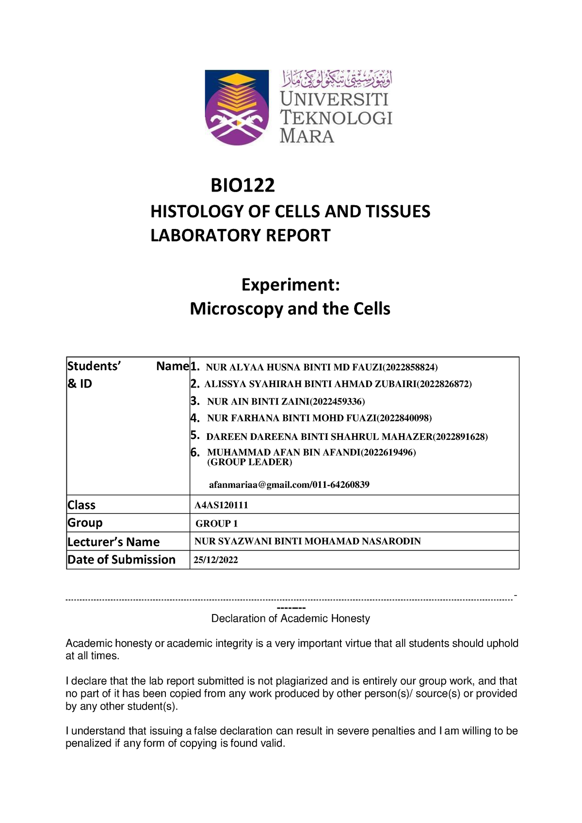 LAB Report BIO122 - BIO HISTOLOGY OF CELLS AND TISSUES LABORATORY ...