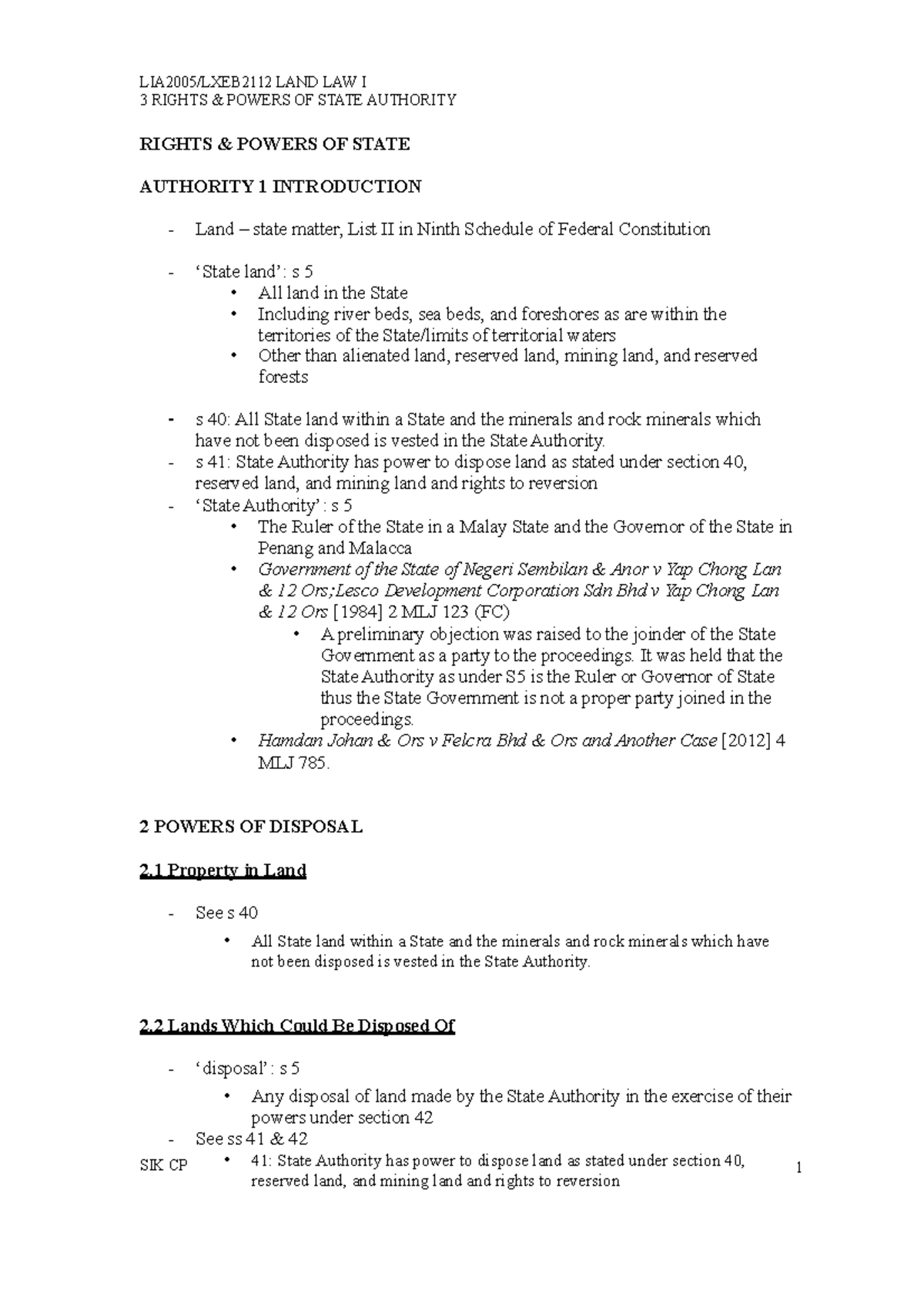 Notes 3 Rights Power Of State Authority Land Law I Lia2005 Studocu