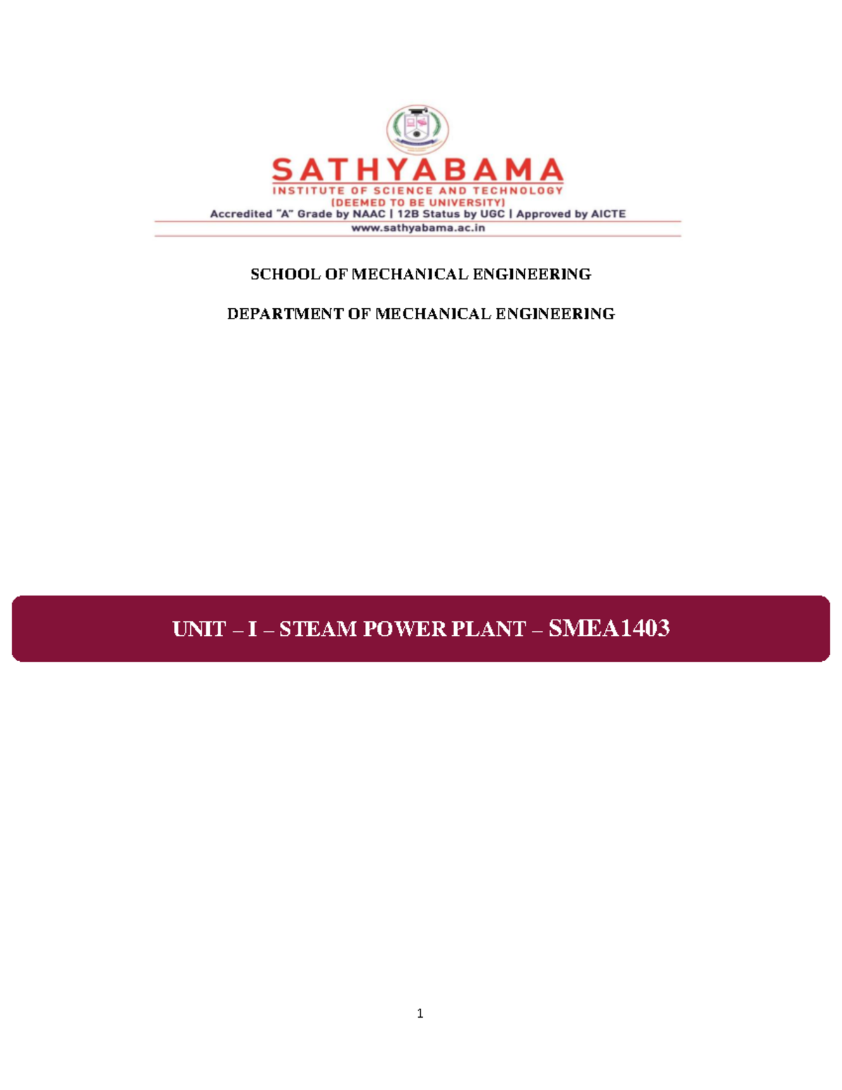 Power plant engineering SCHOOL OF MECHANICAL ENGINEERING DEPARTMENT