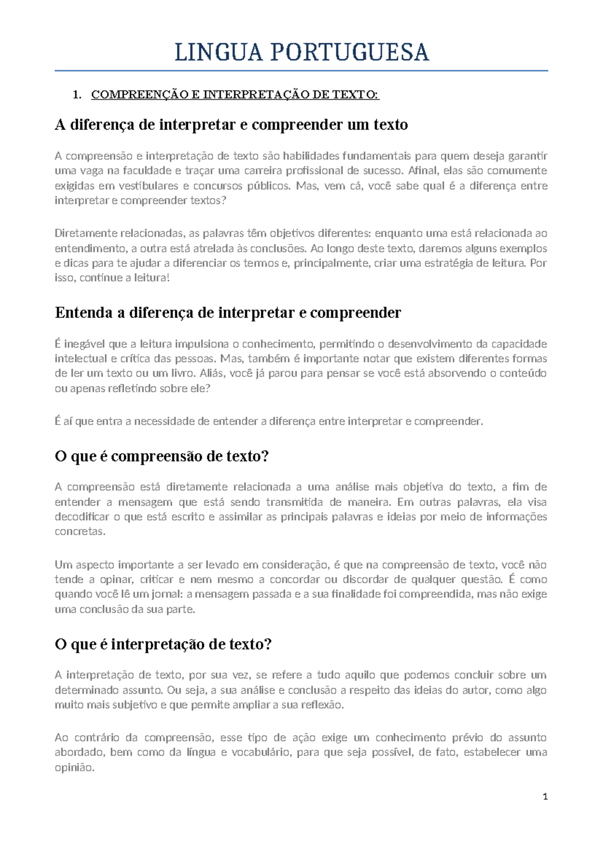 Lingua Portuguesa - 1. COMPREENÇÃO E INTERPRETAÇÃO DE TEXTO: A ...