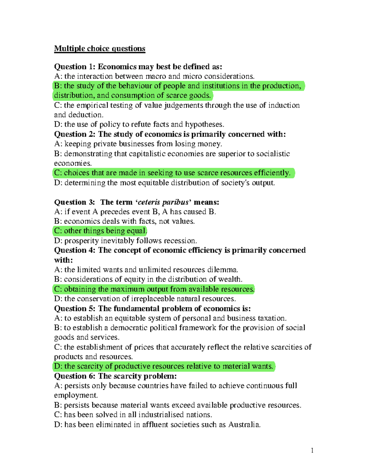 Mulp 1 Economic concept 1 Multiple choice questions Question 1