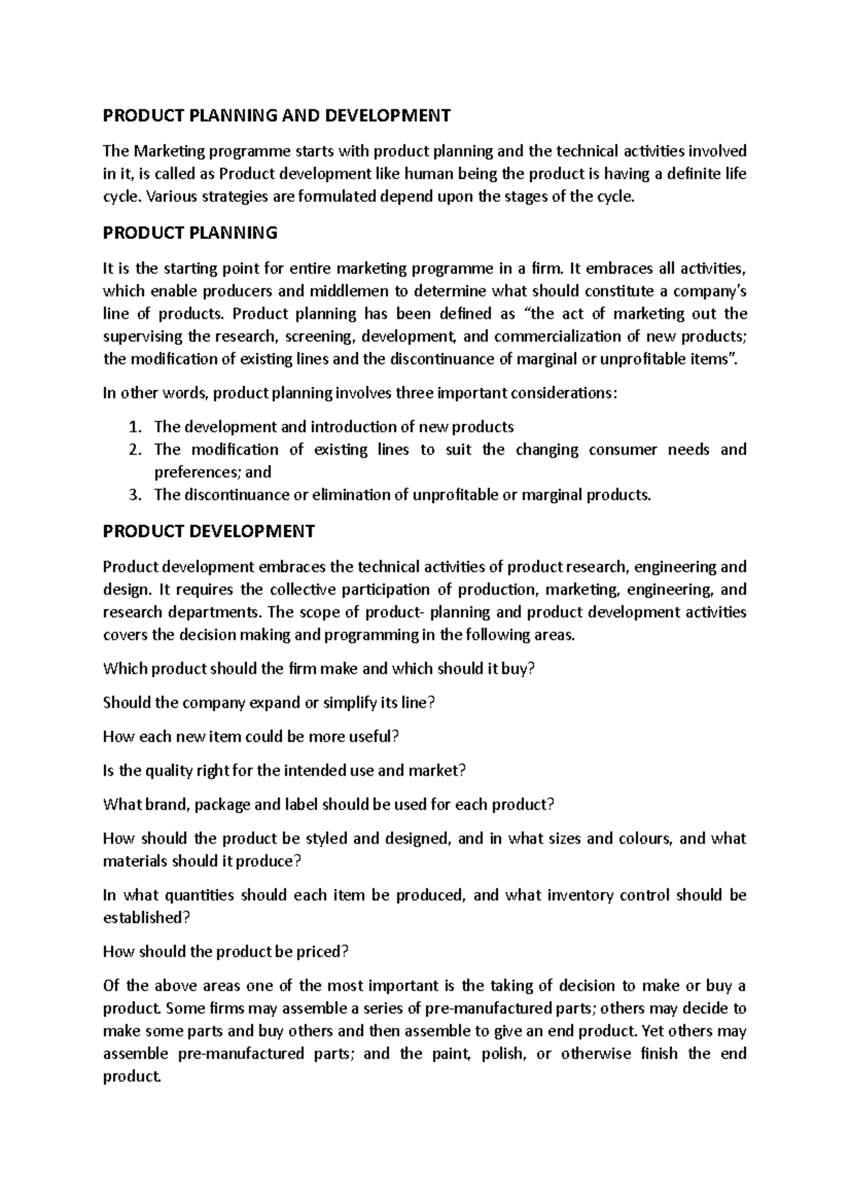 Product Planning AND Development PRODUCT PLANNING AND DEVELOPMENT The