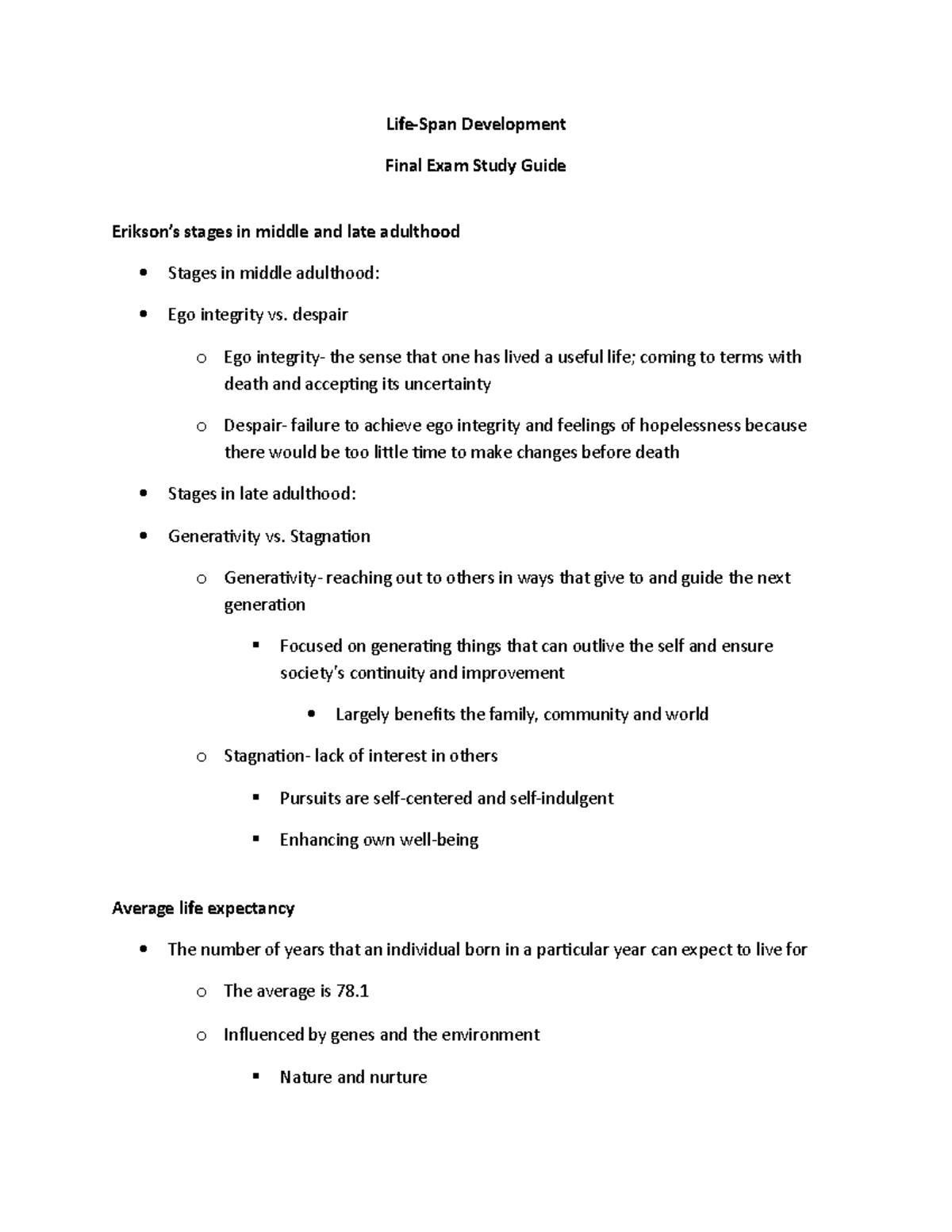 Lifespan development final study guide Development Final Exam Study