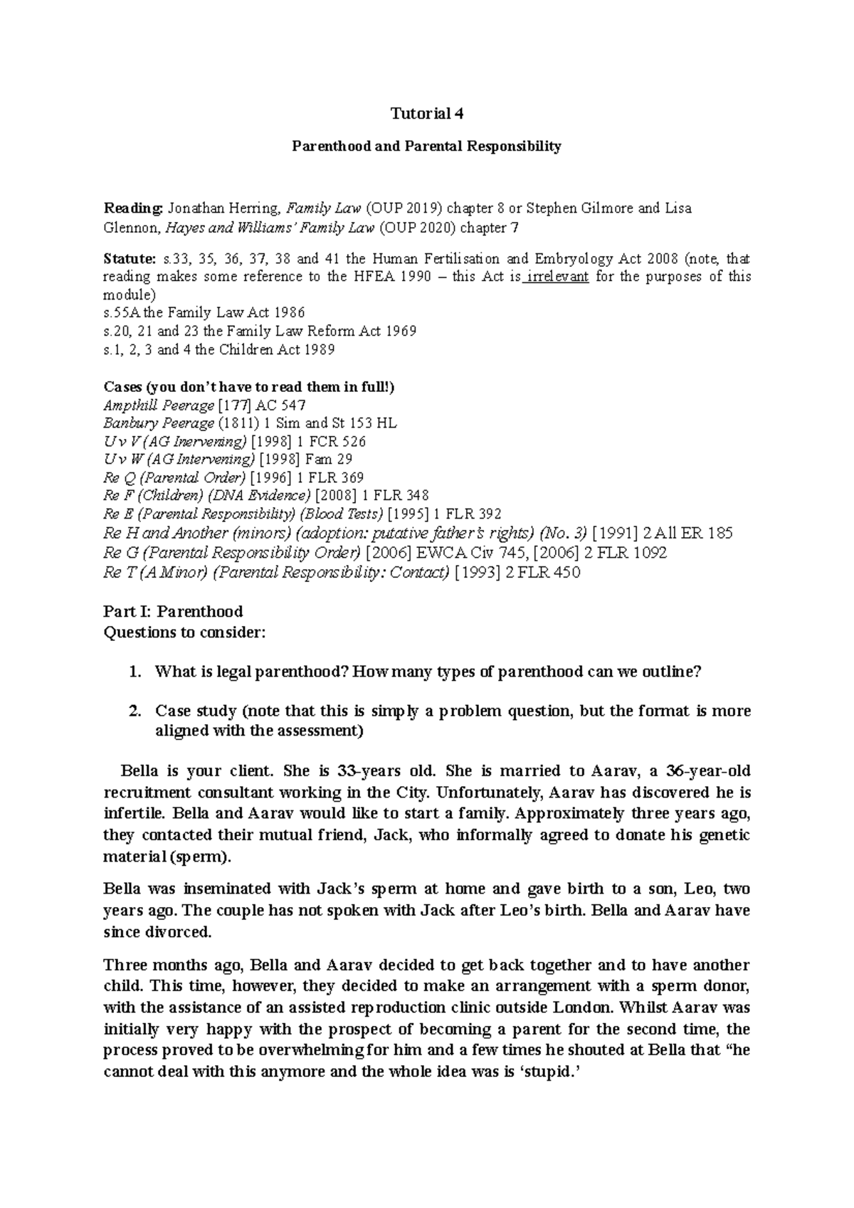 Tutorial 5 questions - hiu - Tutorial 4 Parenthood and Parental ...
