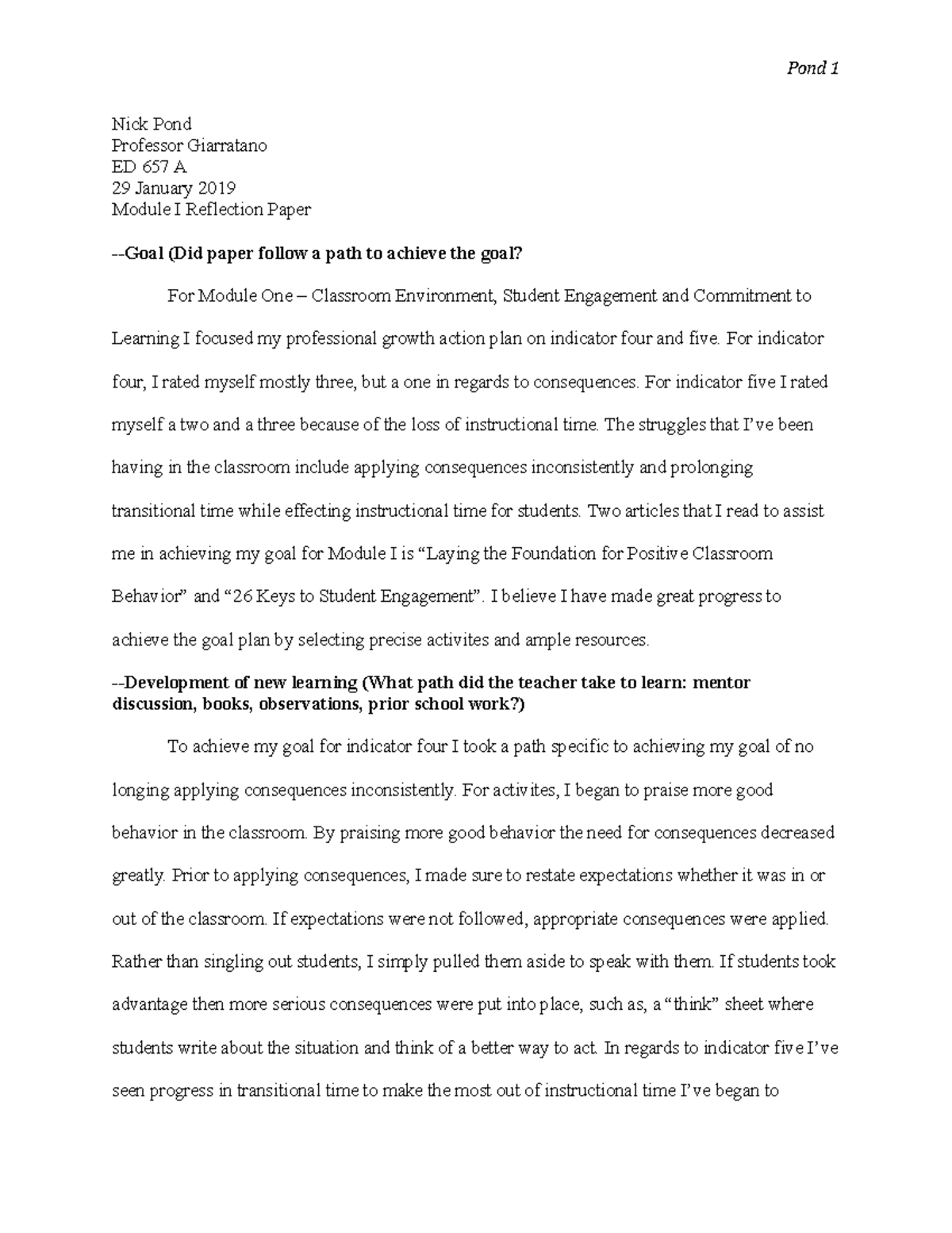 Module I Reflection Paper - Pond 1 Nick Pond Professor Giarratano ED ...