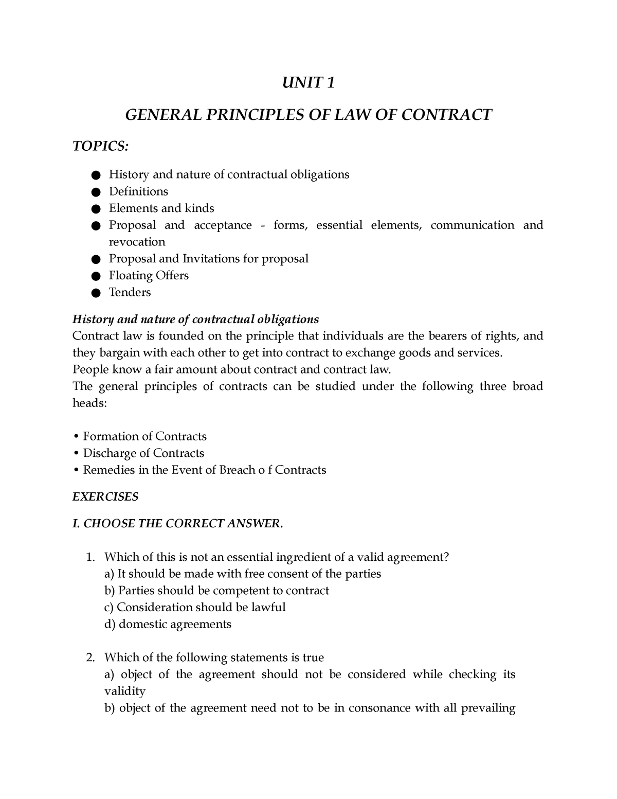 Contracts Unit 1 - Lecture Notes 1-4 - UNIT 1 GENERAL PRINCIPLES OF LAW ...