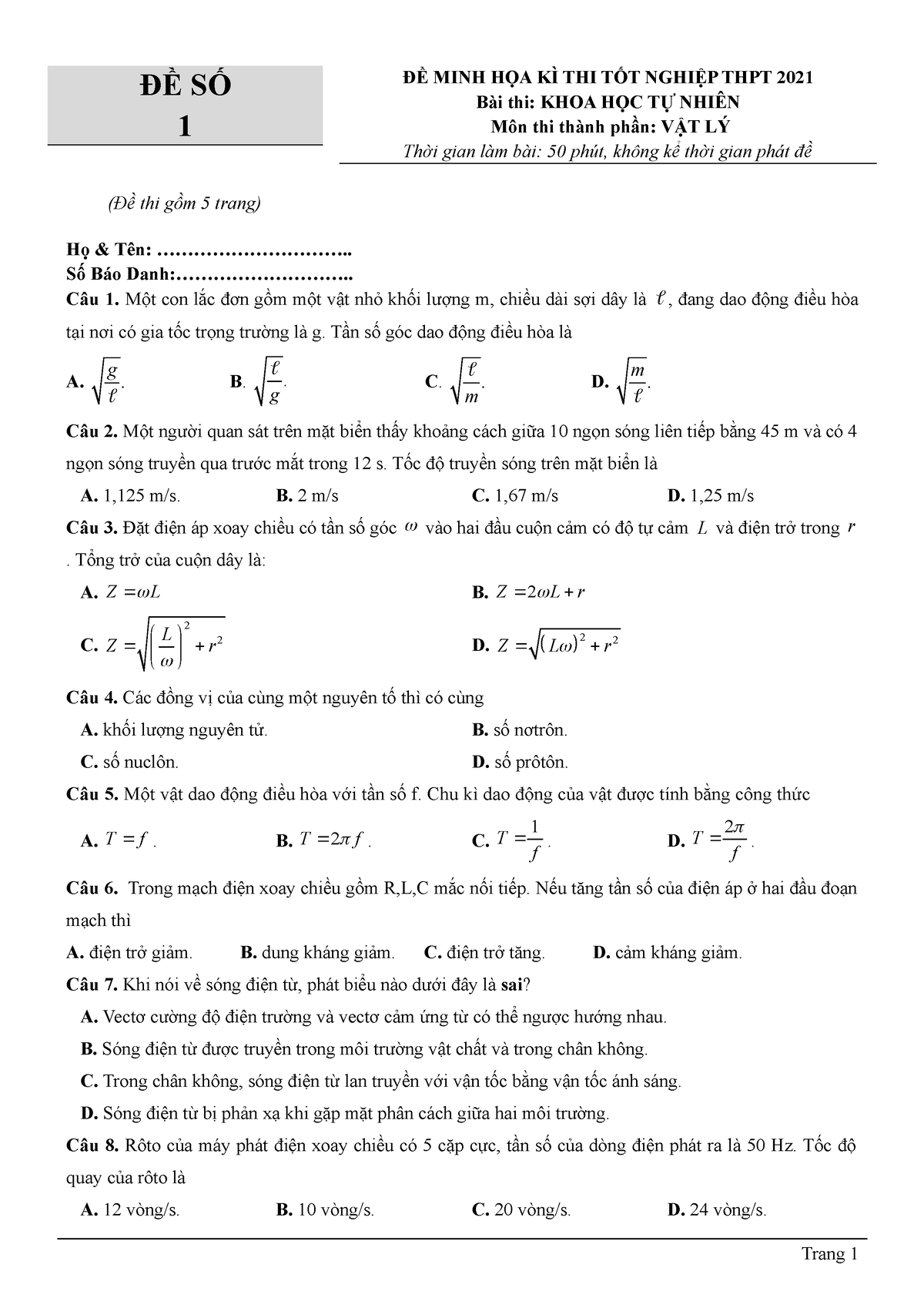 1. Đề Thi Thử THPT 2021 - ĐỀ SỐ 1 (Đề Thi Gồm 5 Trang) ĐỀ MINH HỌA KÌ ...