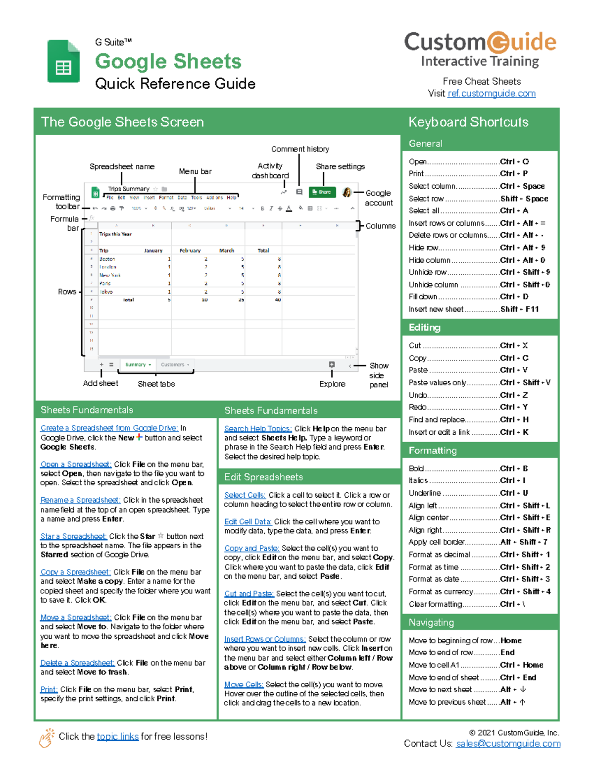 Gsheet Quick Guide - © 2021 CustomGuide, Inc. Click the topic links for ...