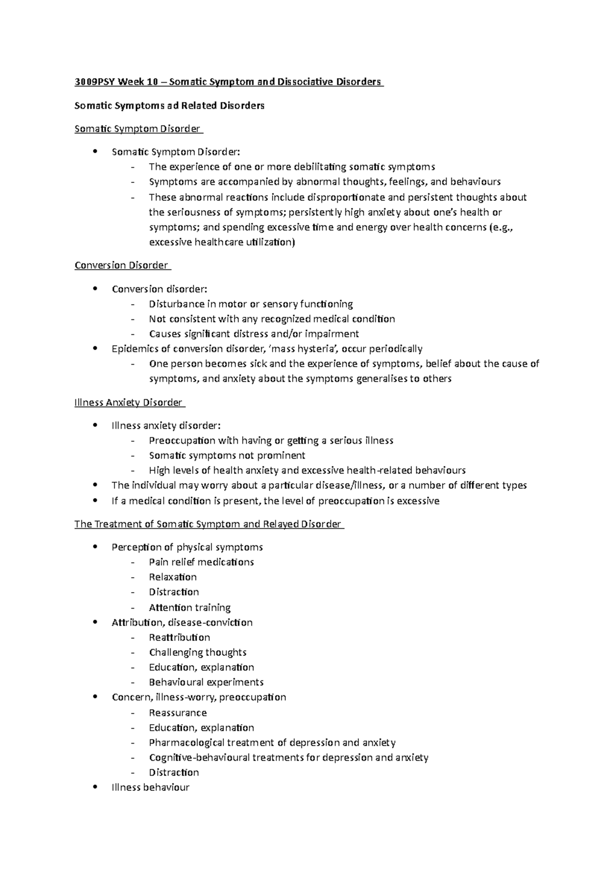 3009PSY Week 10 - Lecture notes - 3009PSY Week 10 – Somatic Symptom and ...