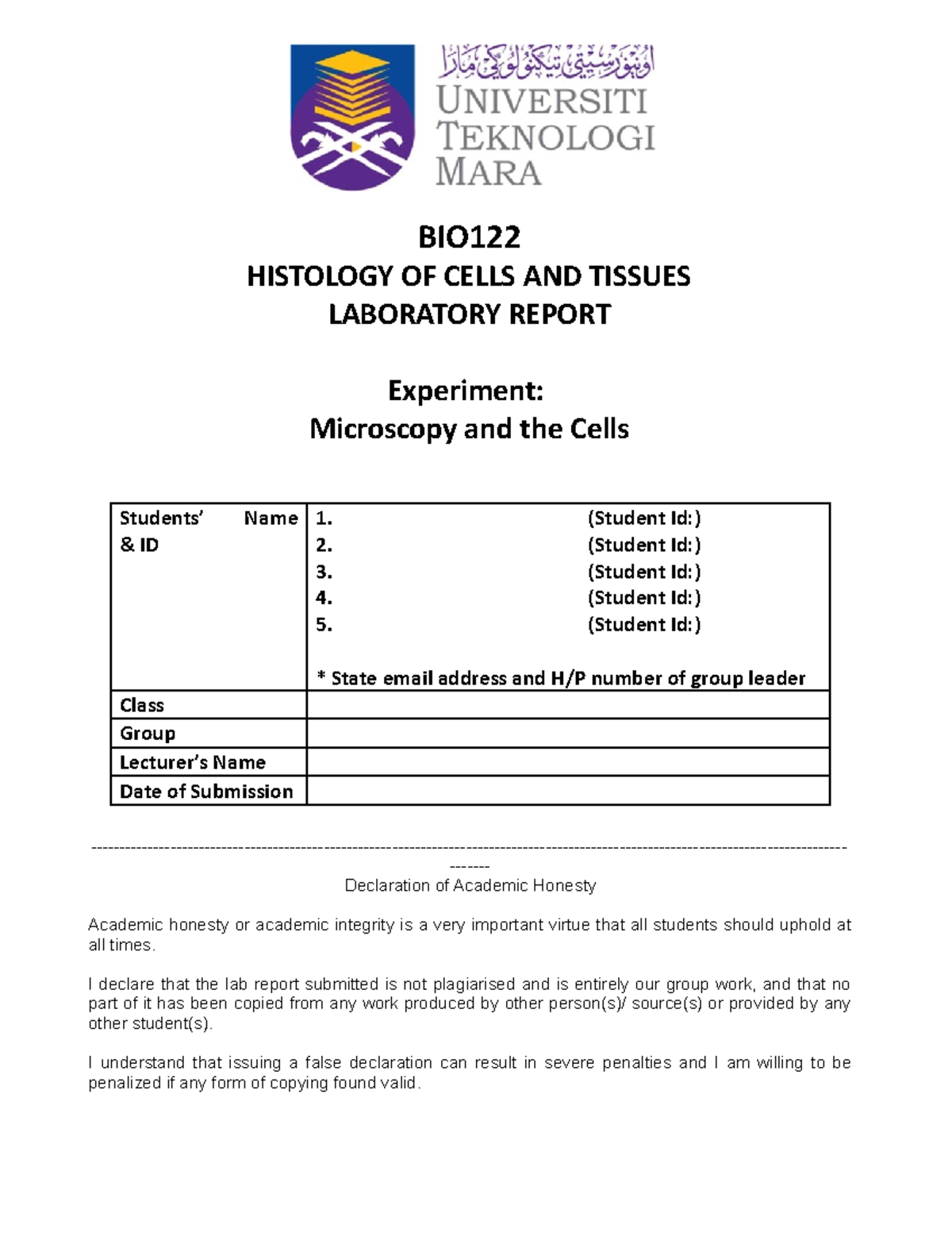 5.0 BIO122 Lab Report Template - BIO HISTOLOGY OF CELLS AND TISSUES ...