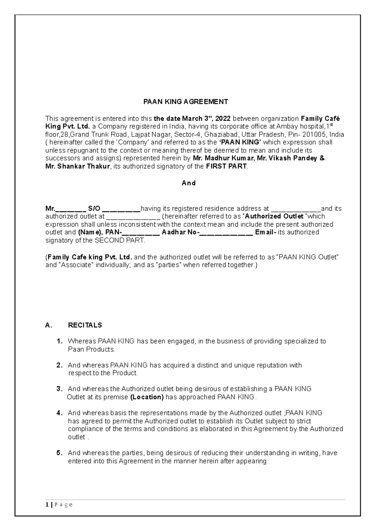 PAAN KING-Sample Agreement-2022 - PAAN KING AGREEMENT This agreement is ...