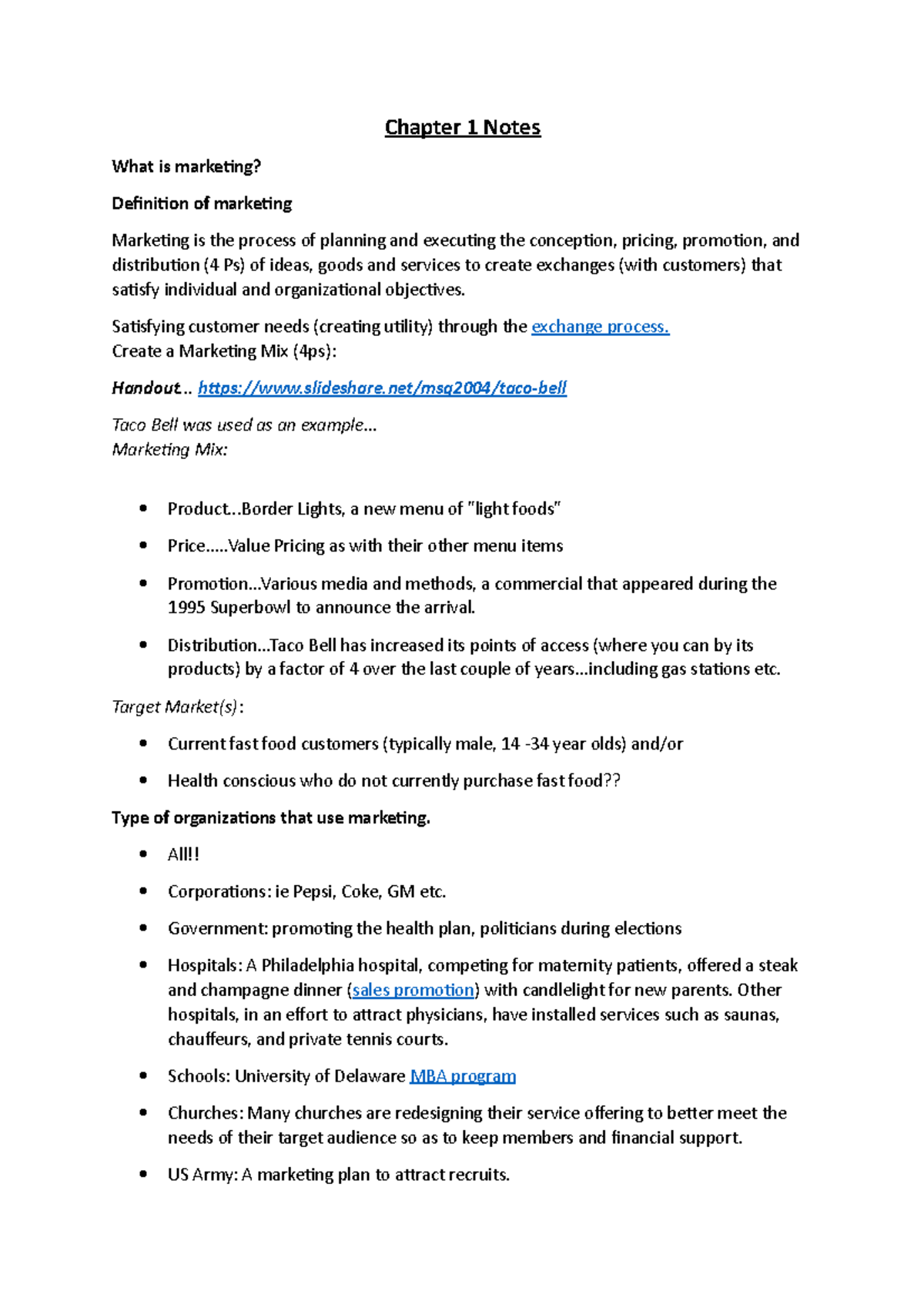 Intro to marketing BMS 202 - Chapter 1 Notes What is marketing ...