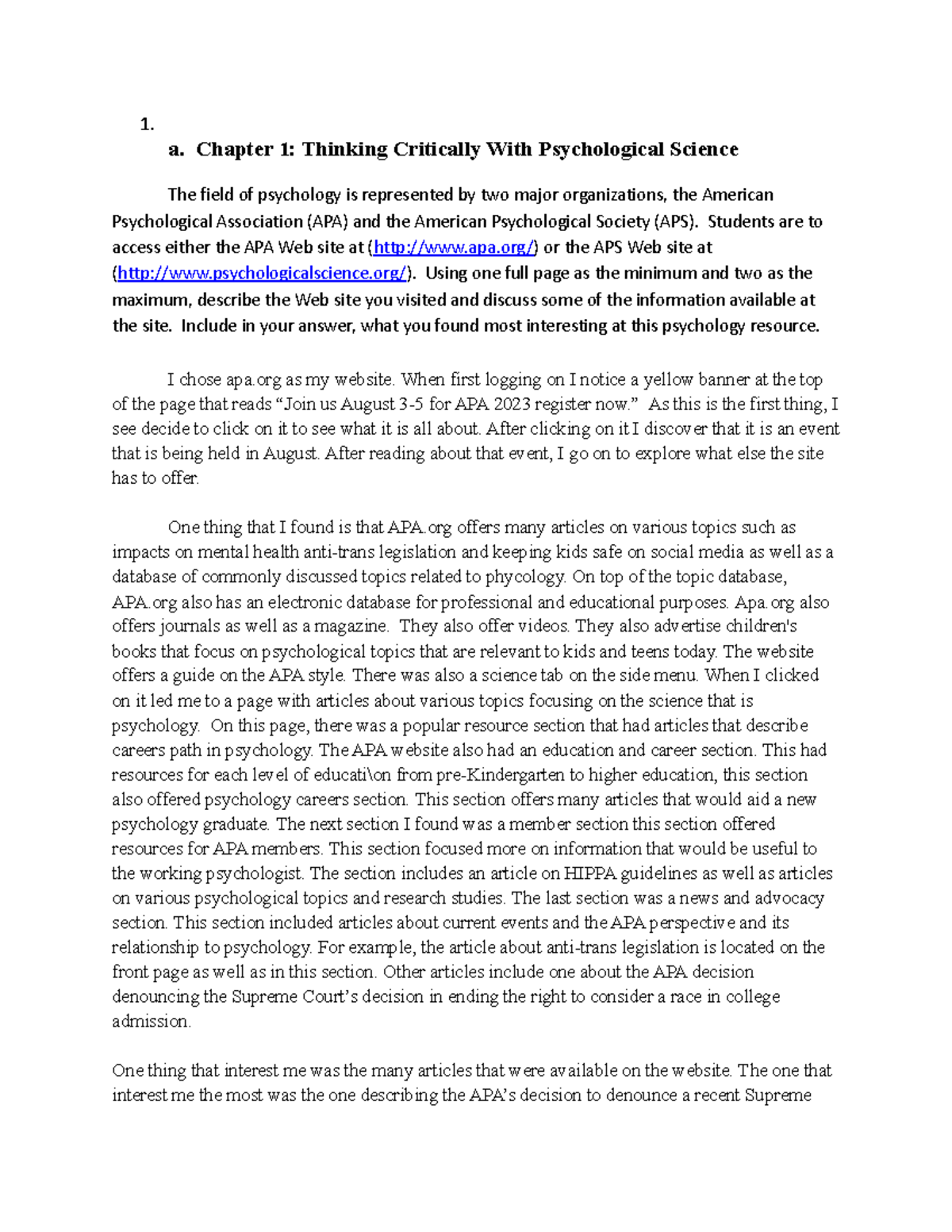 Assignment 1 - 1. a. Chapter 1: Thinking Critically With Psychological ...