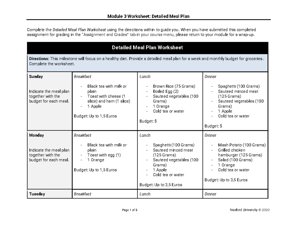 Module 3 Detailed Meal Plan - Complete the Detailed Meal Plan Worksheet ...