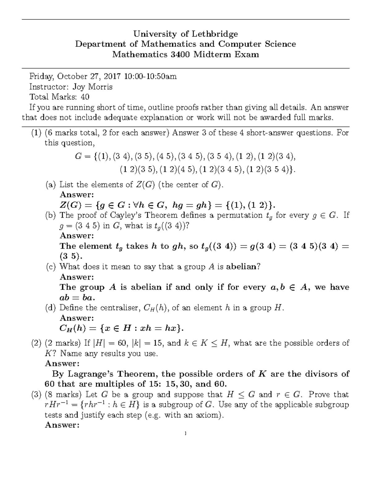 2017 Midterm exam solutions University of Lethbridge Department of