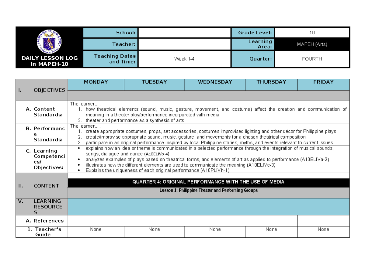 Q4 DLL- Mapeh 10 Arts-Wk1-4 - DAILY LESSON LOG In MAPEH- School: Grade ...