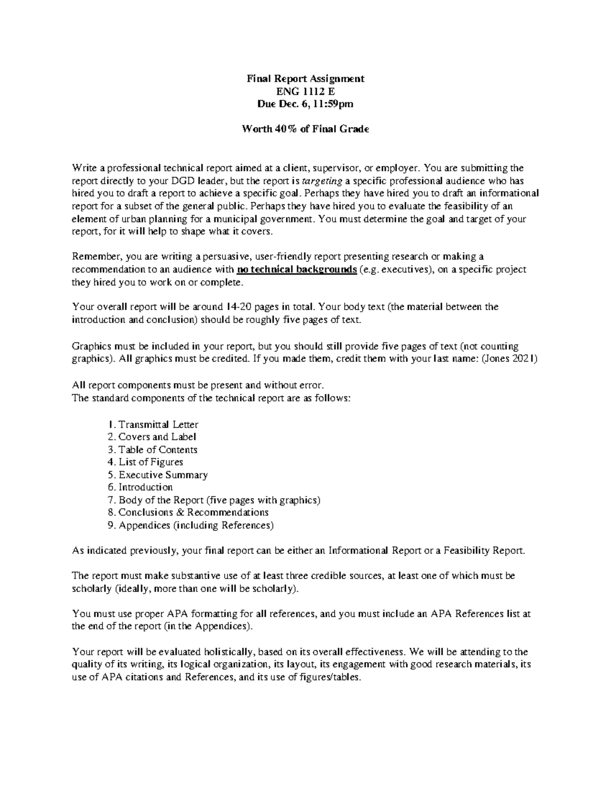 Assignment 4 - Final Report - Final Report Assignment ENG 1112 E Due ...
