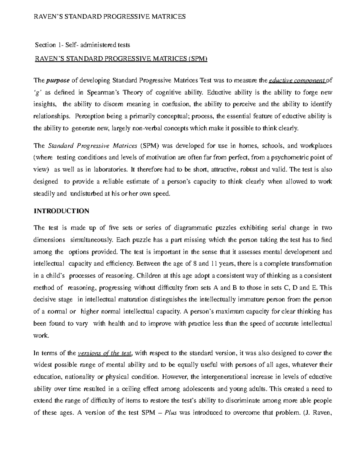 Raven's SPM - raven's progressive matrices - Section 1- Self ...