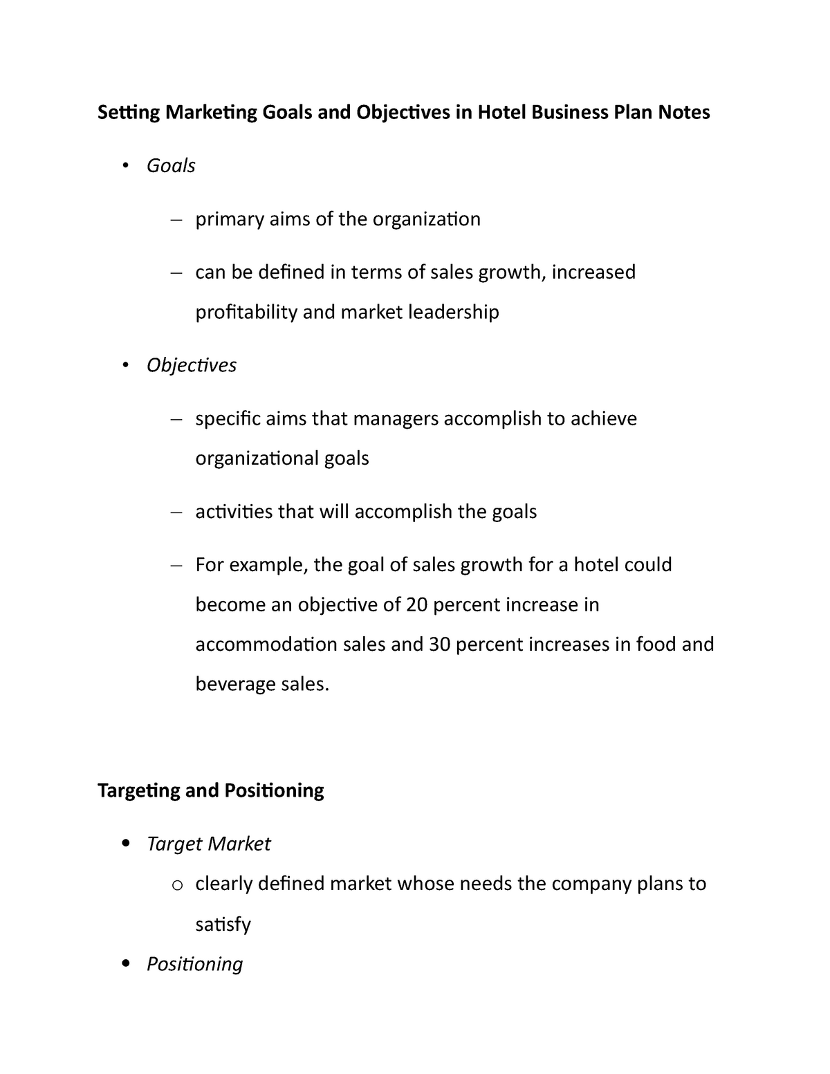 Setting Marketing Goals and Objectives in Hotel Business Plan Notes