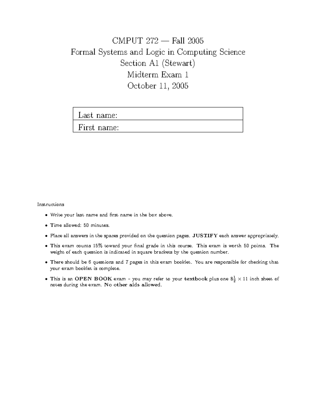 F05mt1 - ASAASAS - CMPUT 272 — Fall 2005 Formal Systems and Logic in ...