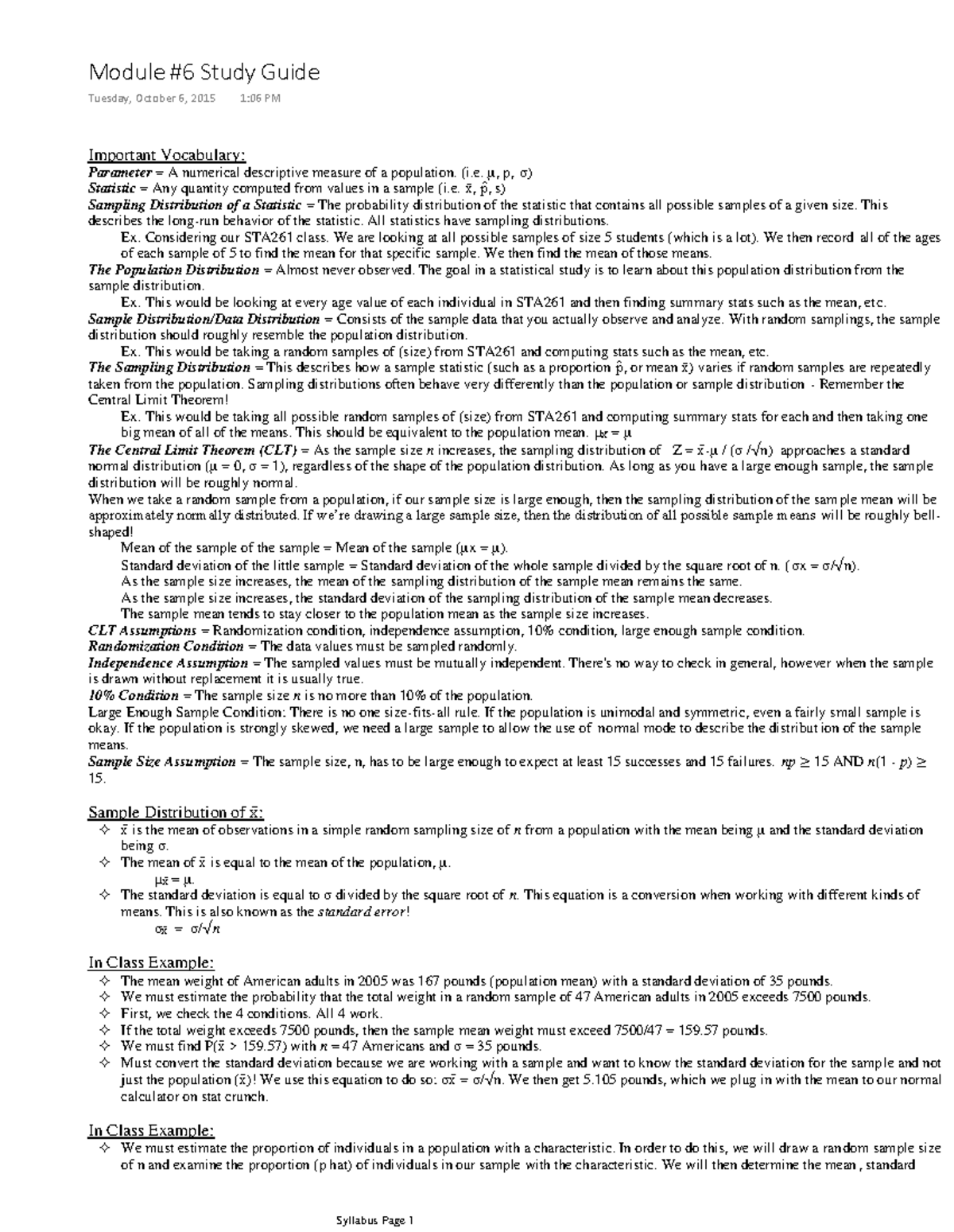 Module 6 Study Guide - Important Vocabulary: Parameter= A numerical ...