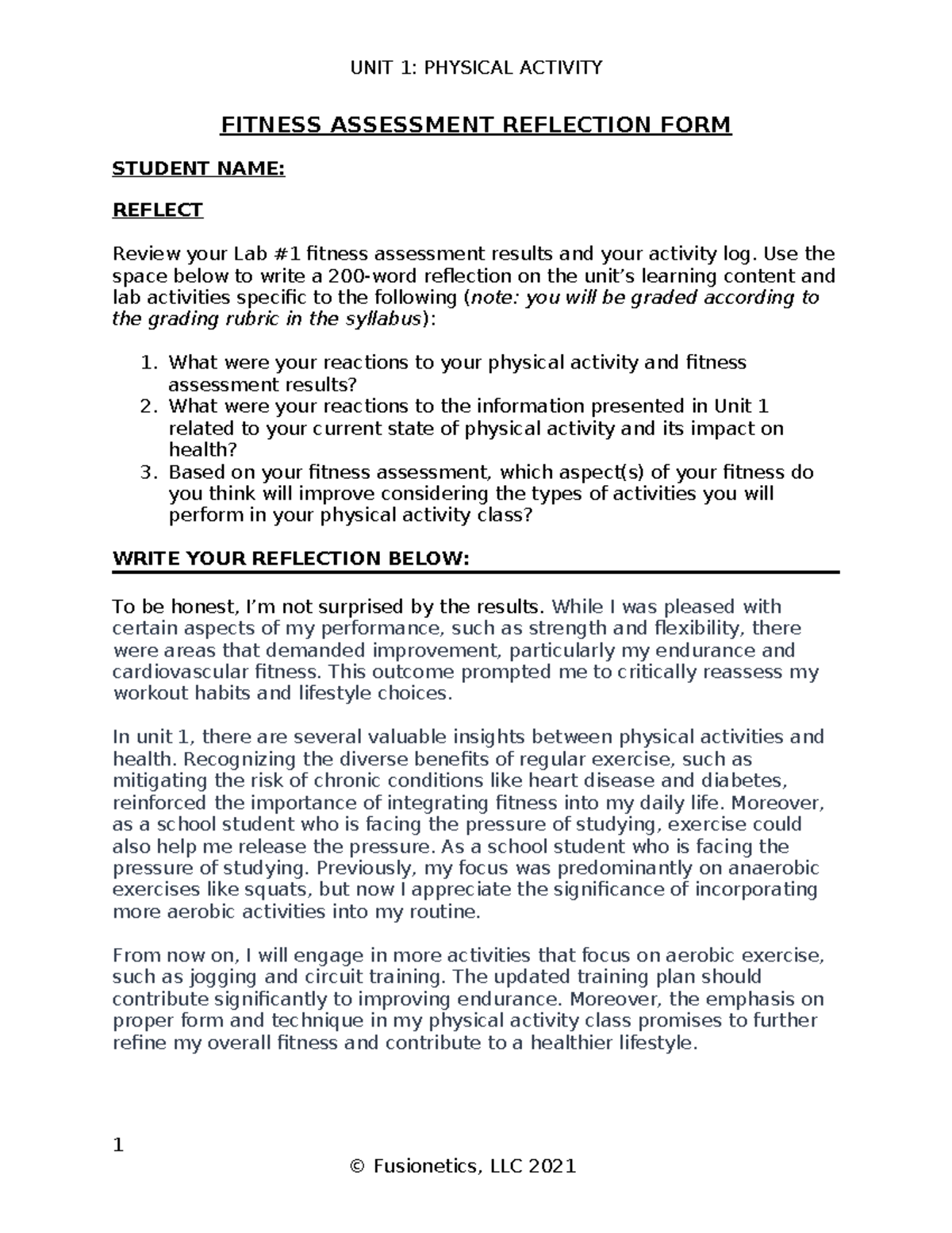 physical fitness test reflection essay