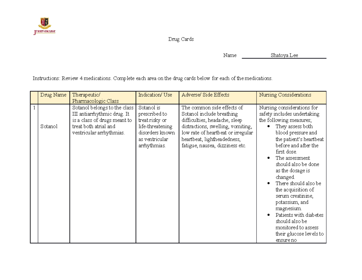 Drug Cards week 8 assignment cardio system - Drug Cards Name Shatoya ...