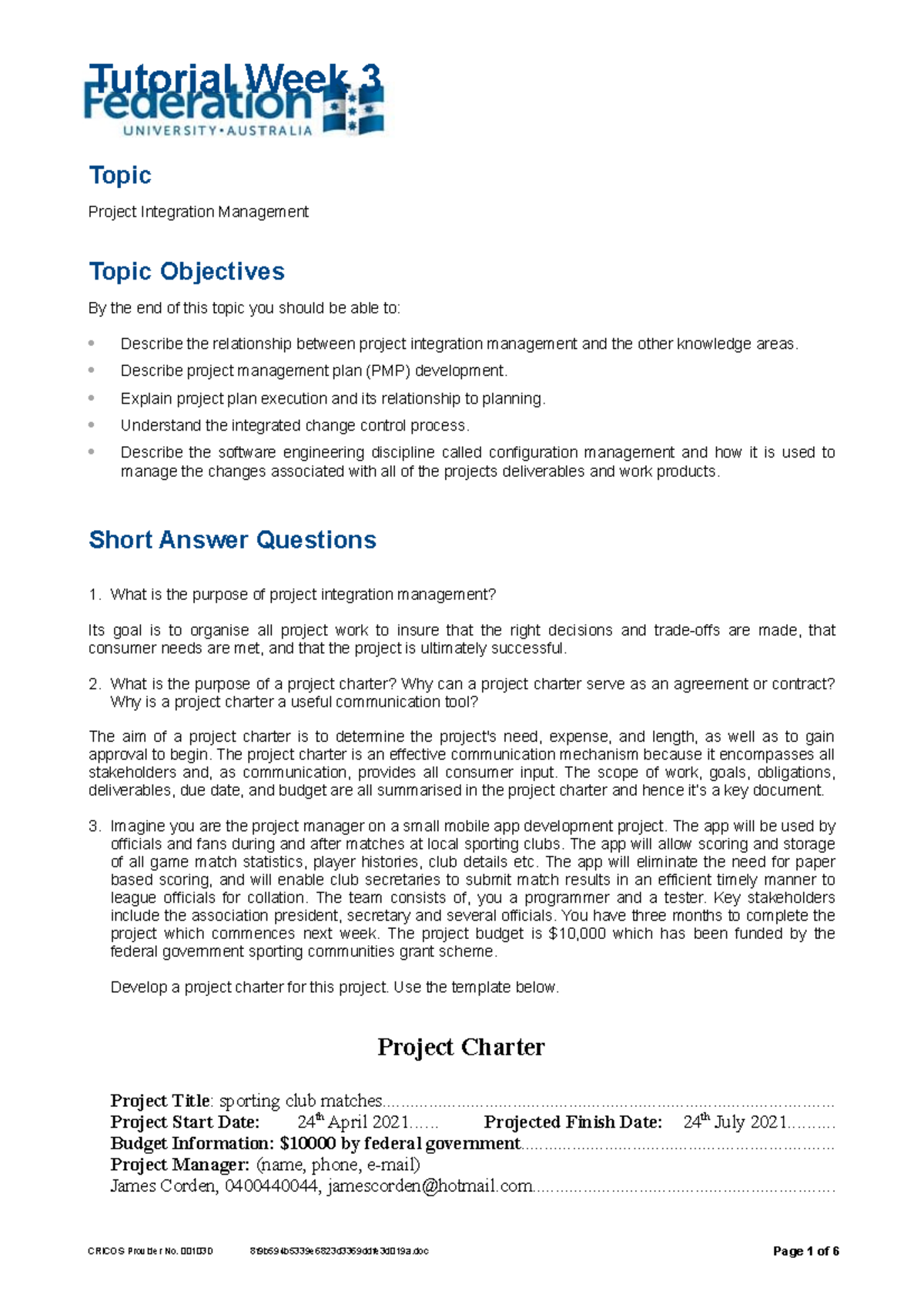 Week 3 tut - gluck - Topic Project Integration Management Topic ...